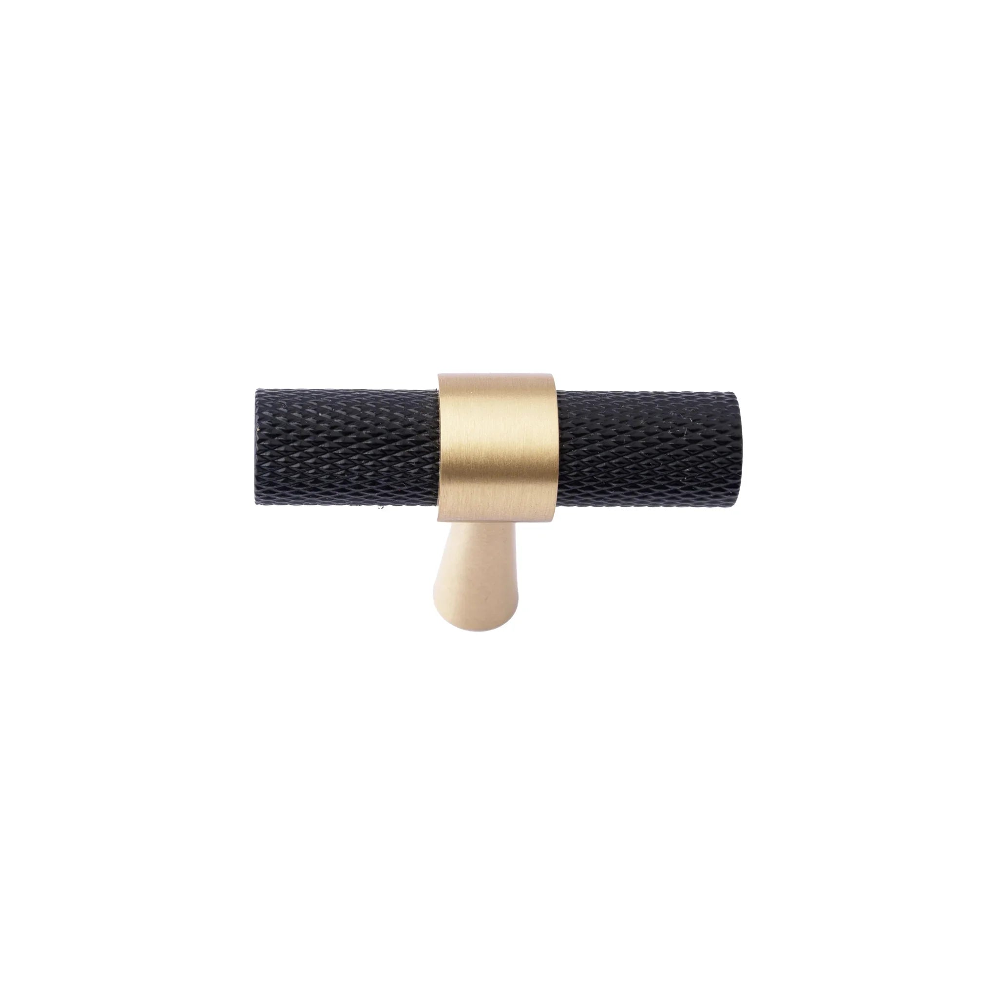 Mantara Cleo T Bar Handle B-0064 is a modern knurled brushed brass handle in black ,ideal for wardrobes and cabinets.