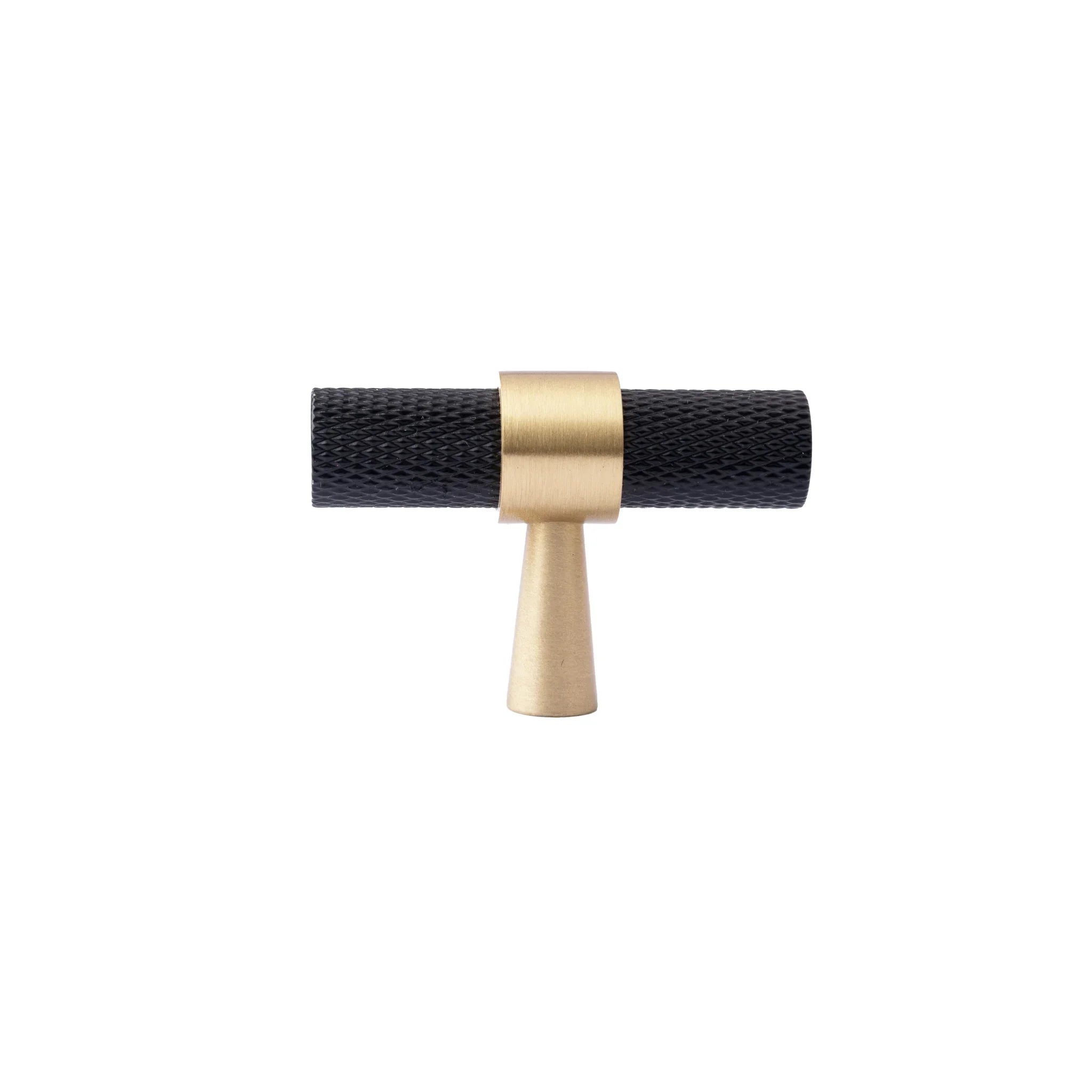 Mantara Cleo T Bar Handle B-0064 is a modern knurled brushed brass handle in black ,ideal for wardrobes and cabinets.