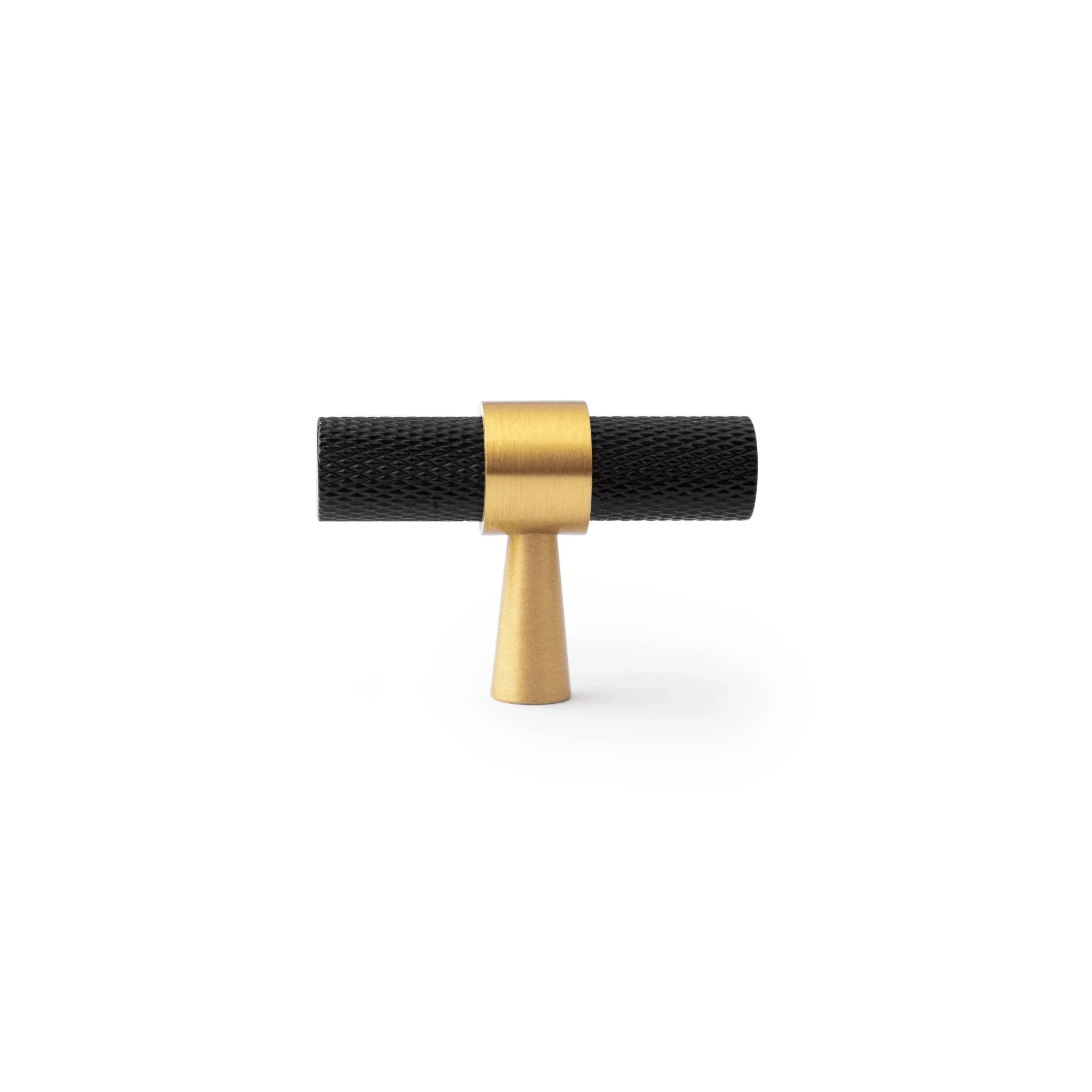 Mantara Cleo T Bar Handle B-0064 is a modern knurled brushed brass handle in black ,ideal for wardrobes and cabinets.