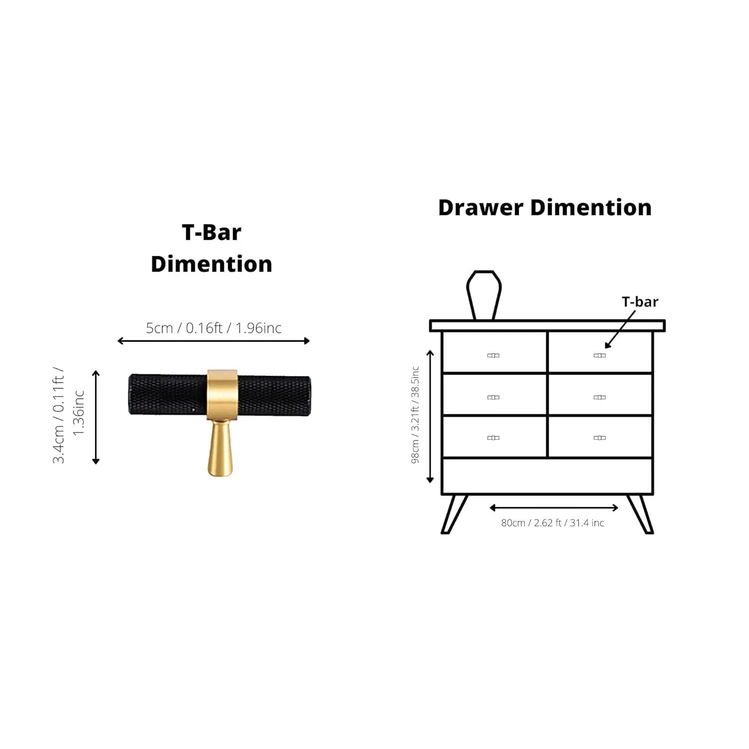 B-0064 Cleo T-Bar handle in brushed brass, sizes 50mm, 130mm, 160mm, 190mm & 224mm, for kitchen cabinets, wardrobes, and drawers by Mantara.
