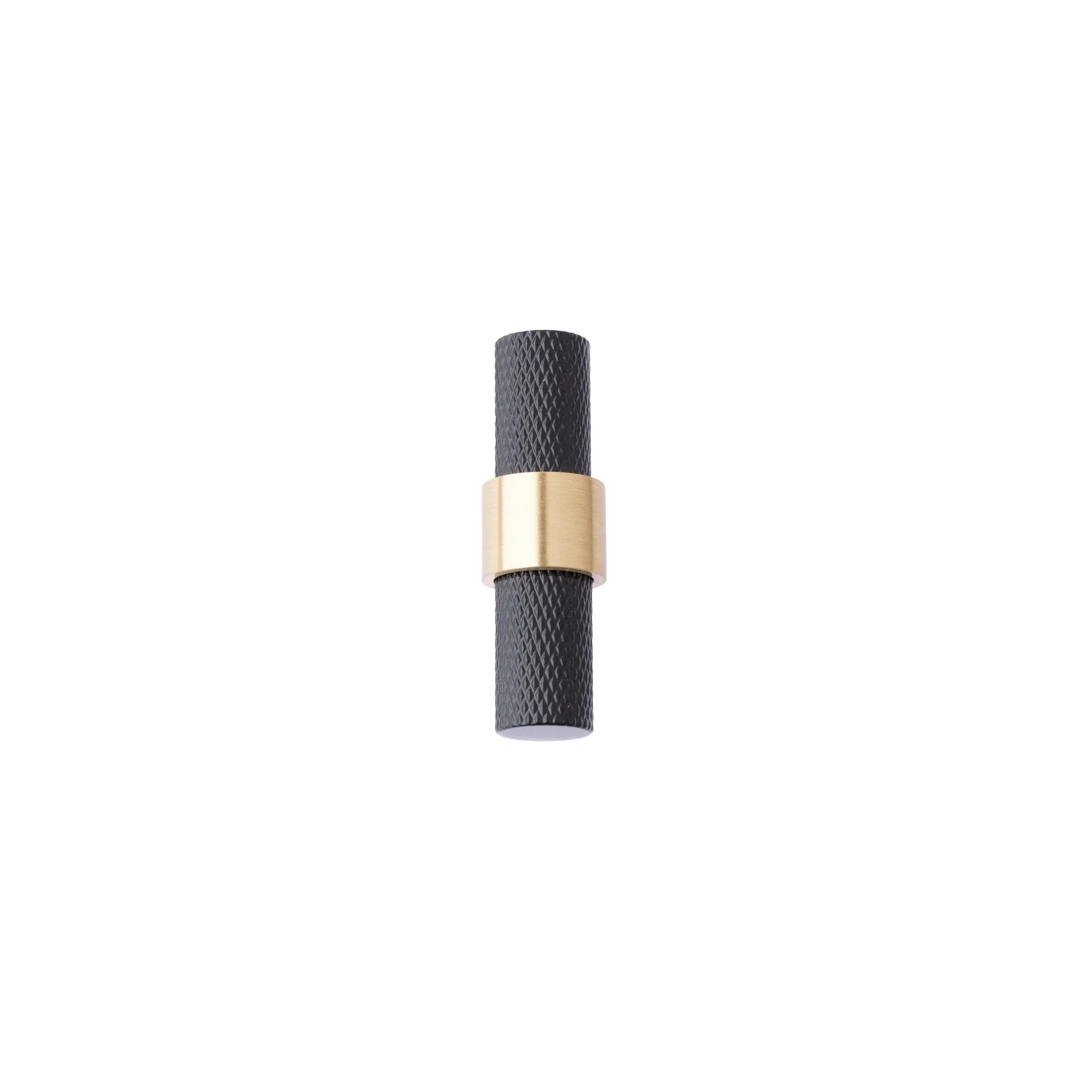 Mantara Cleo T Bar Handle B-0064 is a modern knurled brushed brass handle in black ,ideal for wardrobes and cabinets.