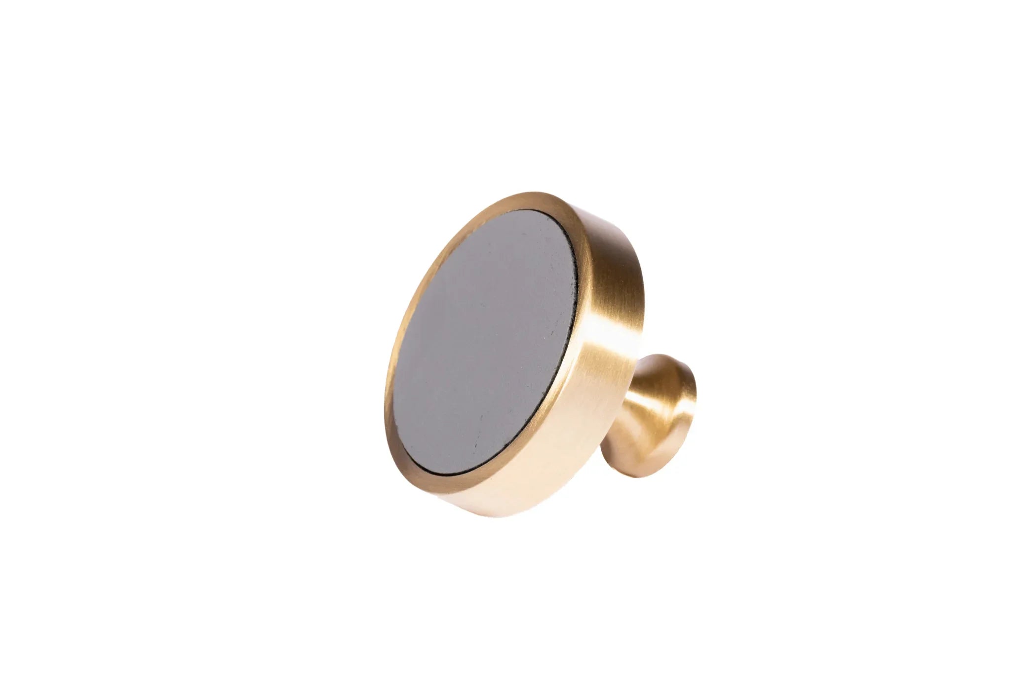 The Mantara L-0014 is a modern leather + brass knob in grey, perfect for kitchen drawers and dressers.