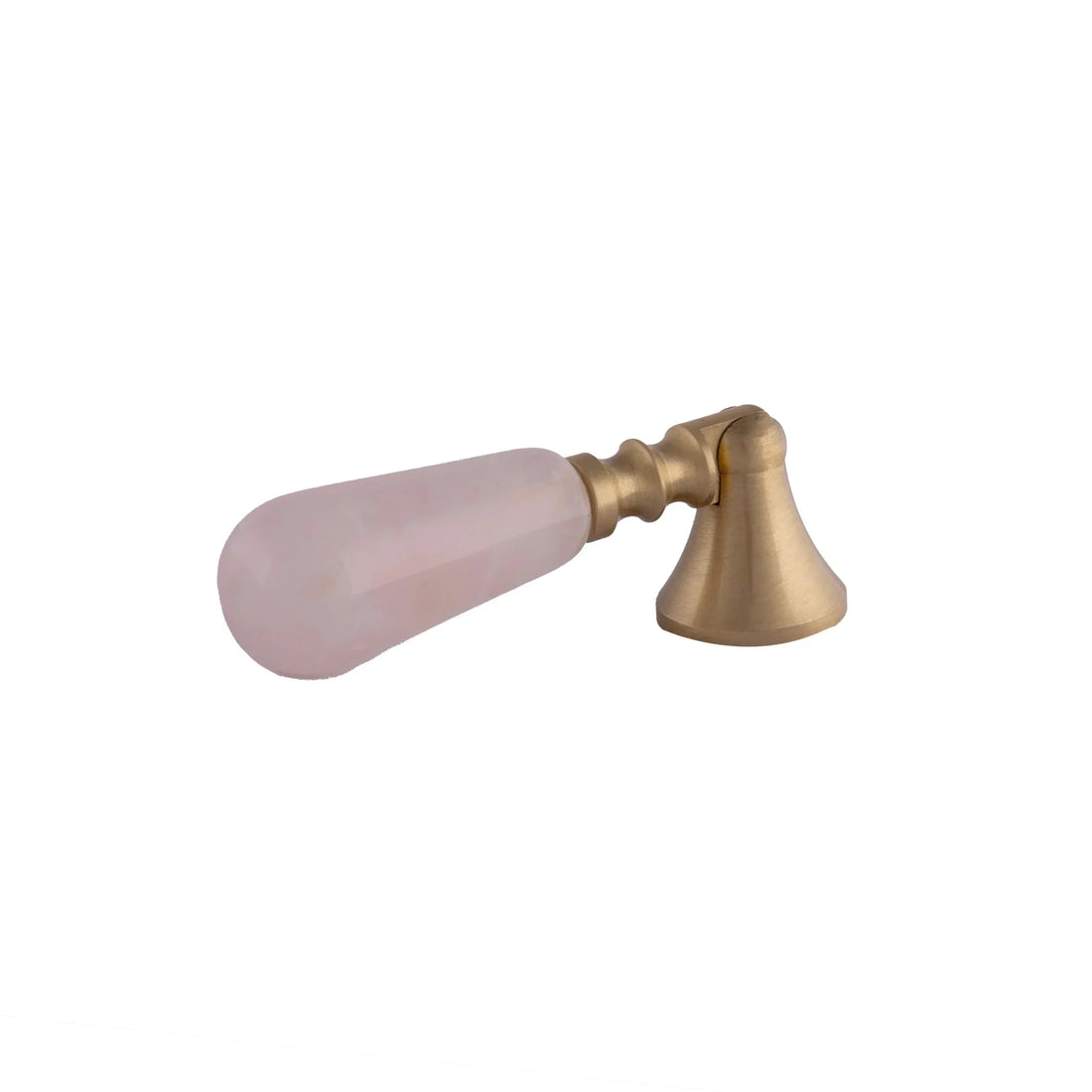 The Mantara C-0007 is a modern natural crystal + brass drop knob in pink, ideal for wardrobes and drawers.