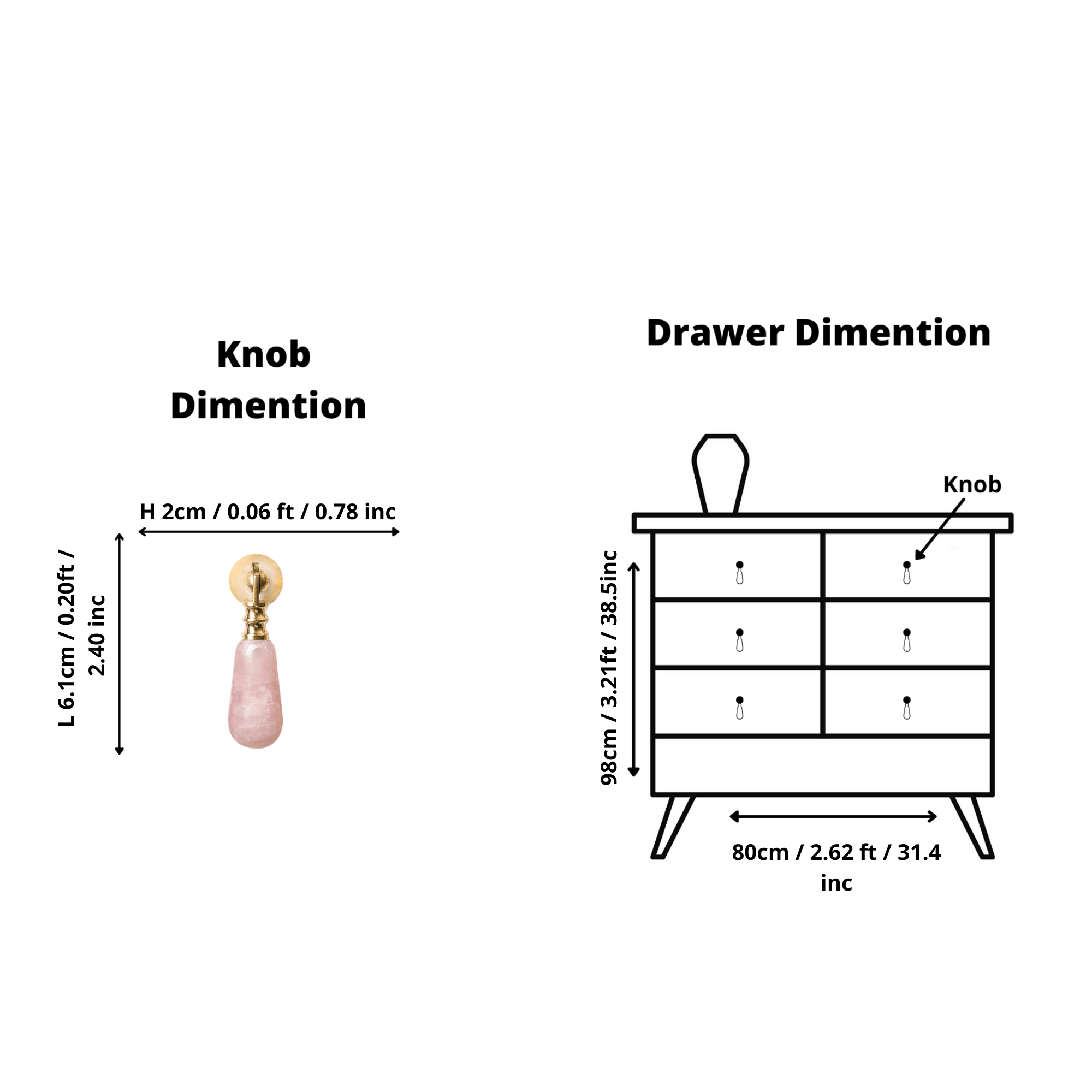 The Mantara C-0007 is a modern natural crystal + brass drop knob in pink, ideal for wardrobes and drawers.