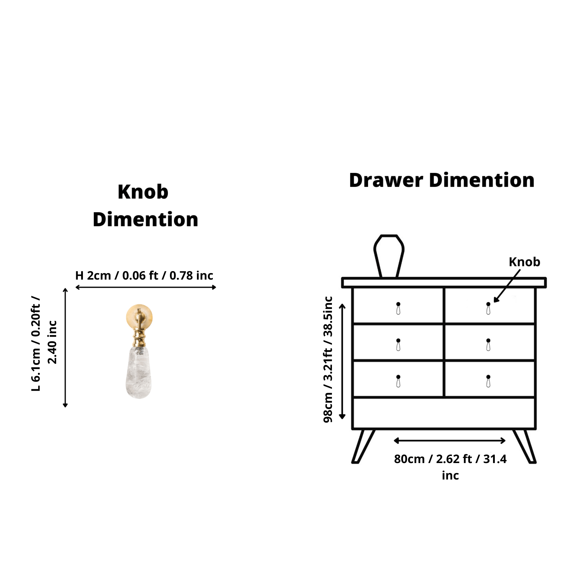 The Mantara C-0007 is a modern natural crystal + brass drop knob in white, ideal for wardrobes and drawers.