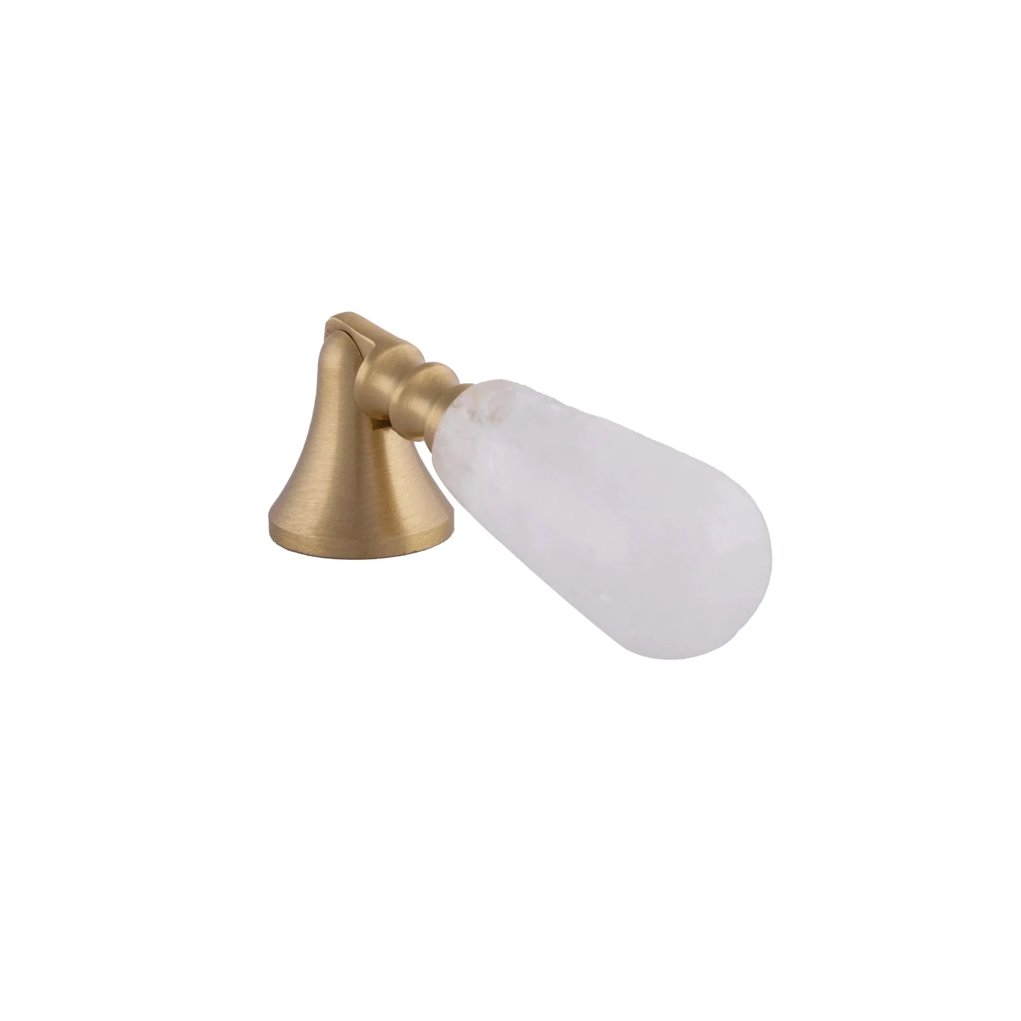 The Mantara C-0007 is a modern natural crystal + brass drop knob in white, ideal for wardrobes and drawers.