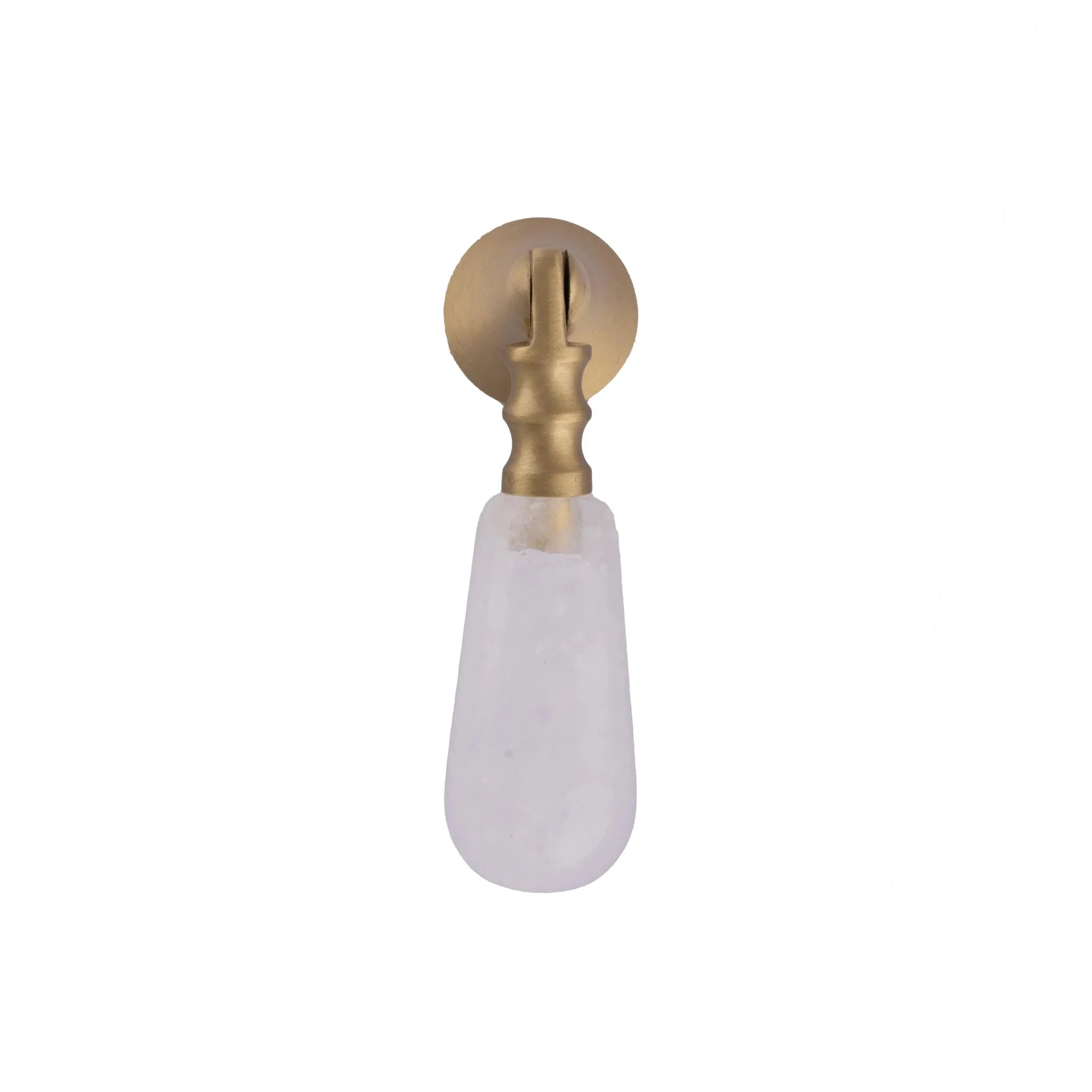 The Mantara C-0007 is a modern natural crystal + brass drop knob in white, ideal for wardrobes and drawers.