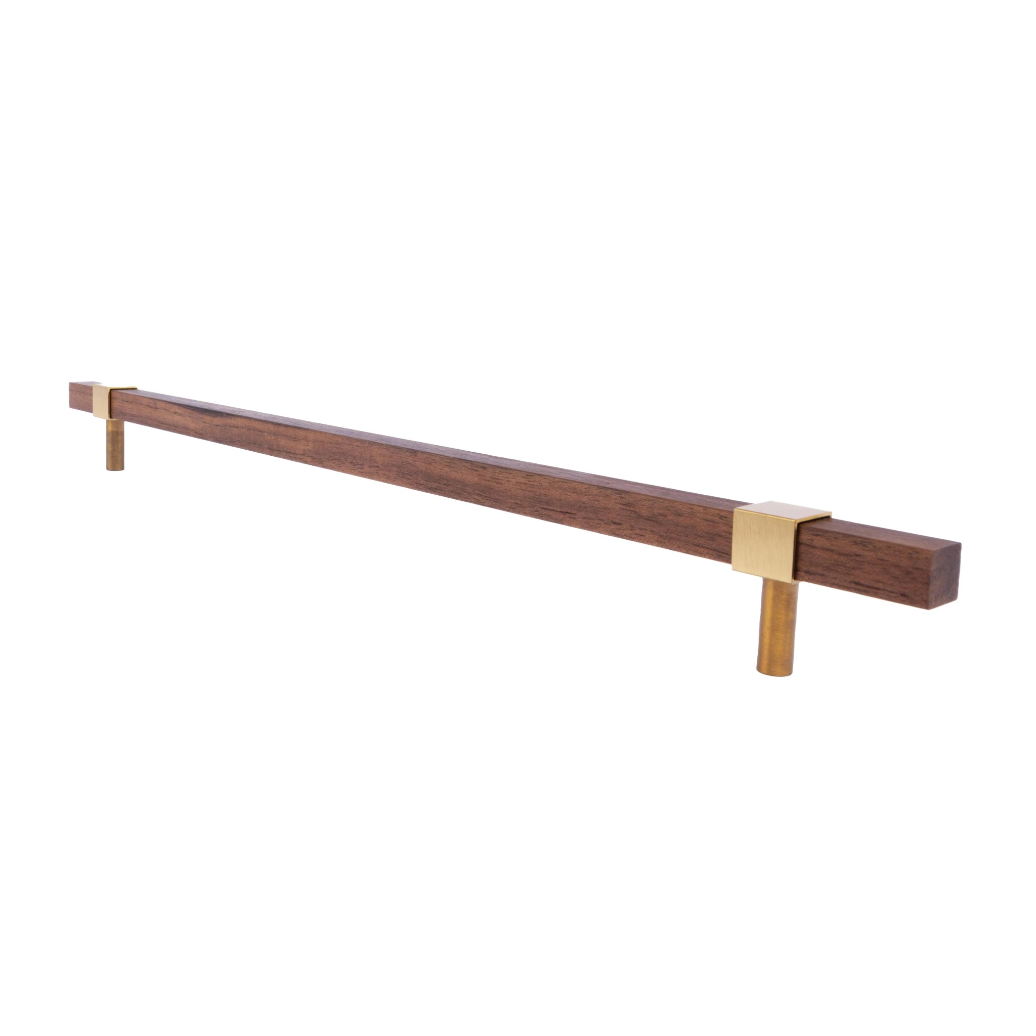 Ebonex Handle W-0009 in brushed brass & walnut, sizes 70–391mm, suits doors, cabinets & wardrobes—by Mantara.