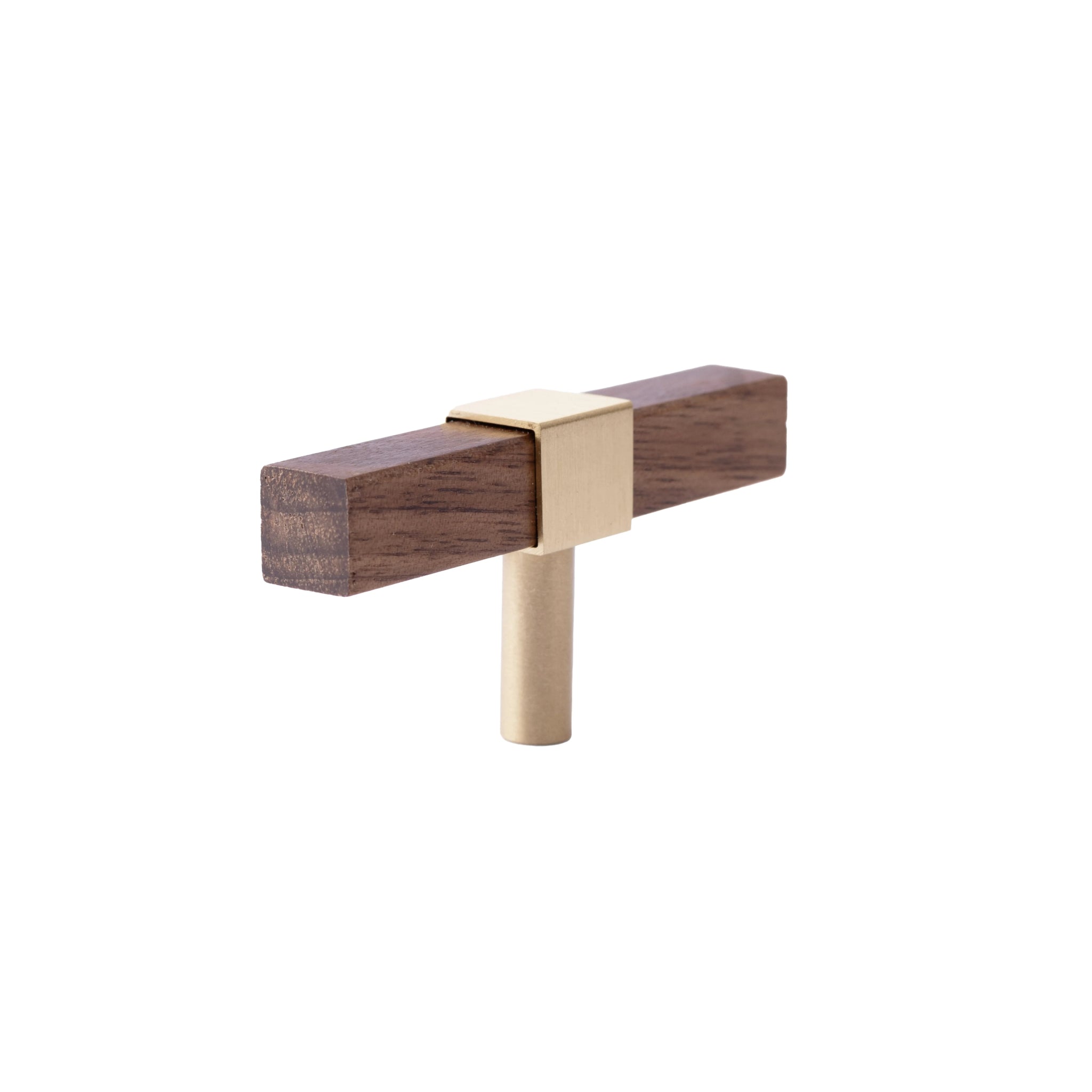 Ebonex Handle W-0009 in brushed brass & walnut, sizes 70–391mm, suits doors, cabinets & wardrobes—by Mantara.