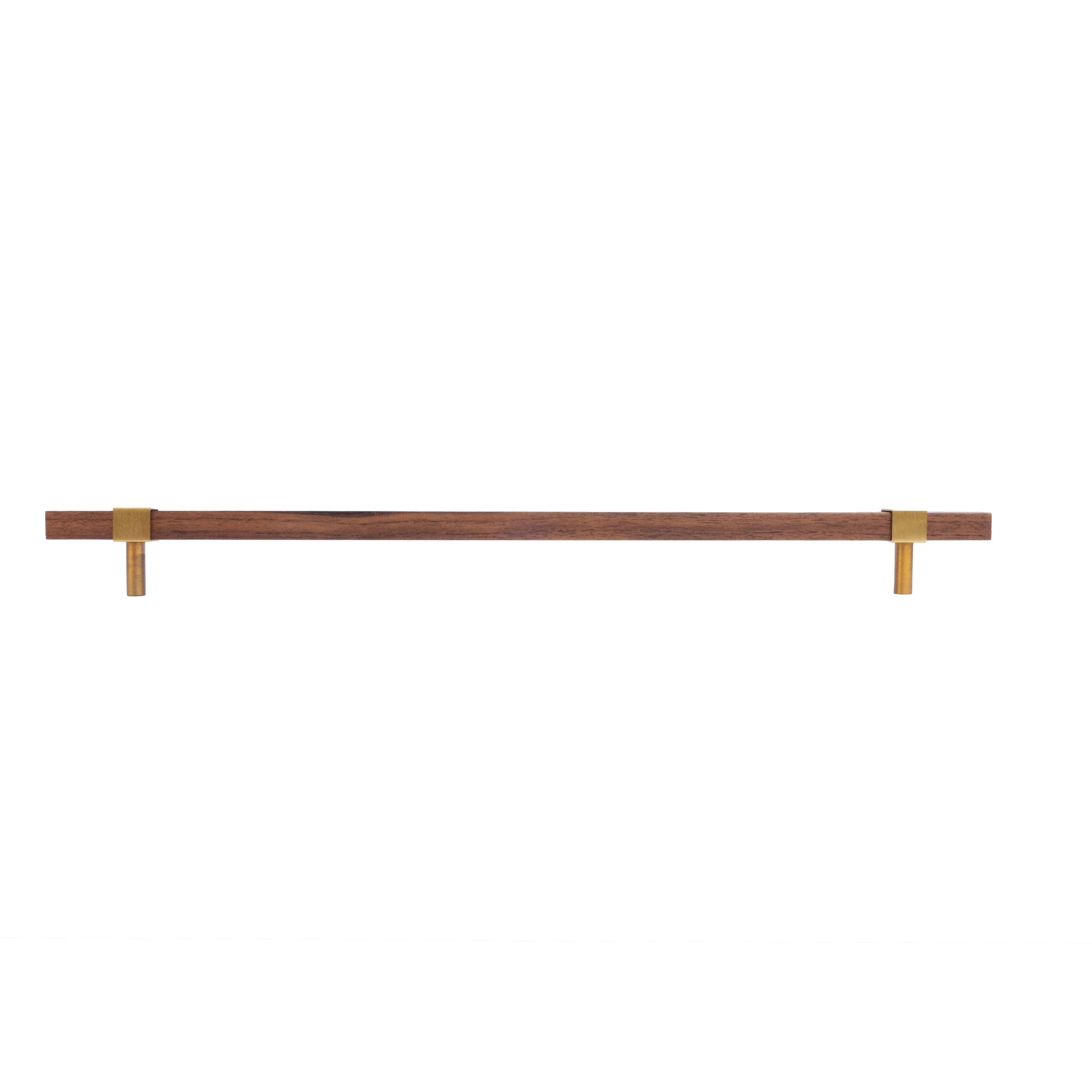 Ebonex Handle W-0009 in brushed brass & walnut, sizes 70–391mm, suits doors, cabinets & wardrobes—by Mantara.