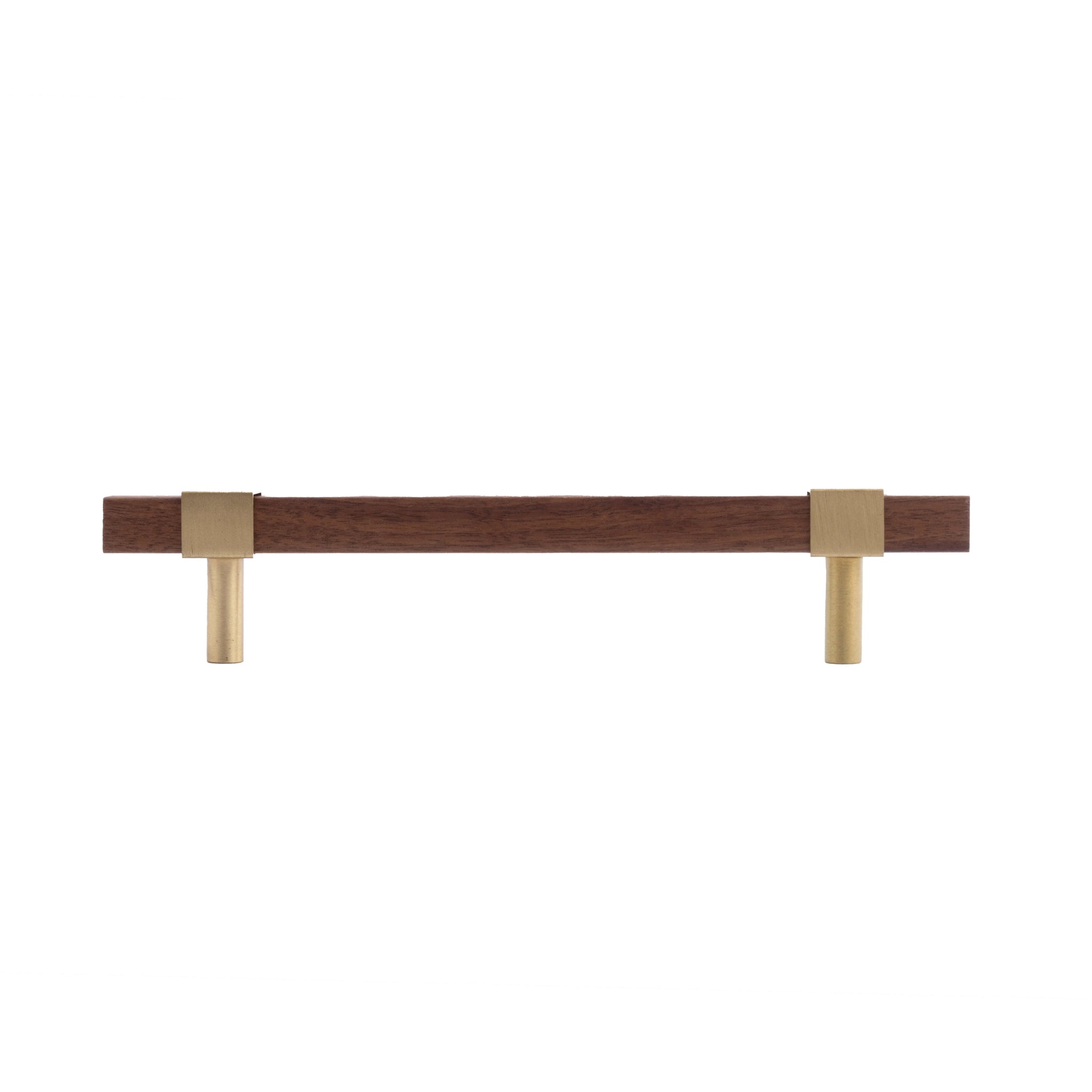 Ebonex Handle W-0009 in brushed brass & walnut, sizes 70–391mm, suits doors, cabinets & wardrobes—by Mantara.