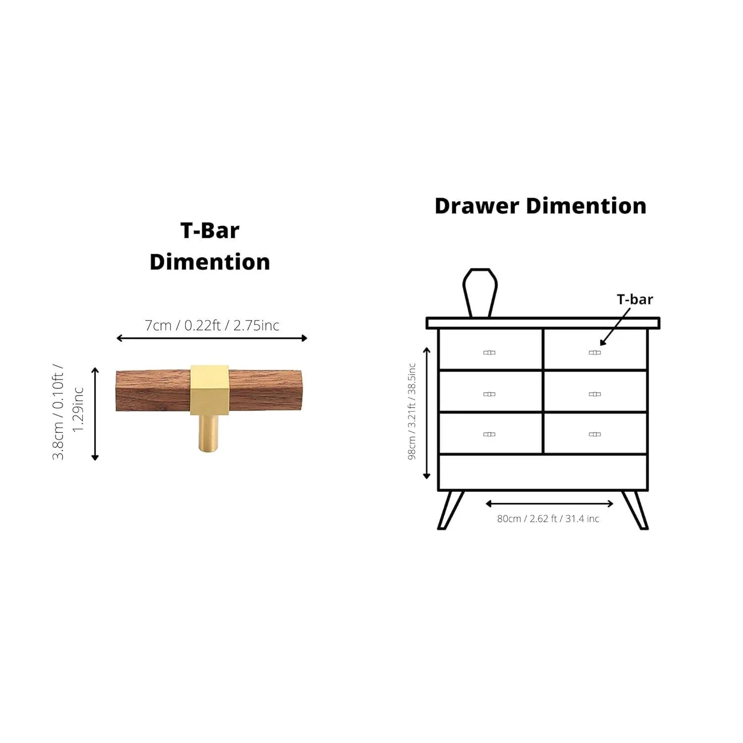 Ebonex Handle W-0009 in brushed brass & walnut, sizes 70–391mm, suits doors, cabinets & wardrobes—by Mantara.