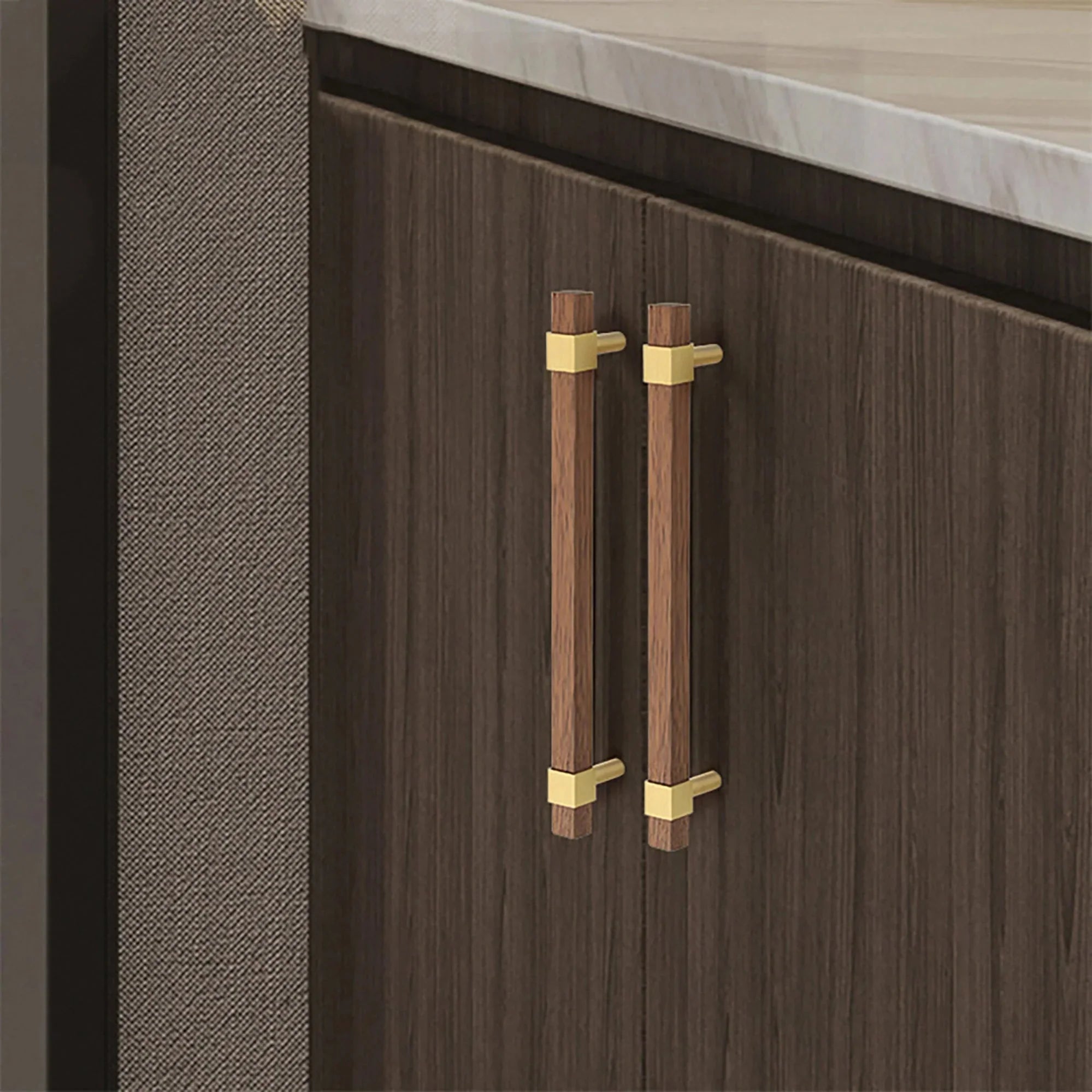 Mantara Ebonex Handle W-0009 is a modern brass & walnut handle in brown with brushed finish, ideal for doors & furniture.