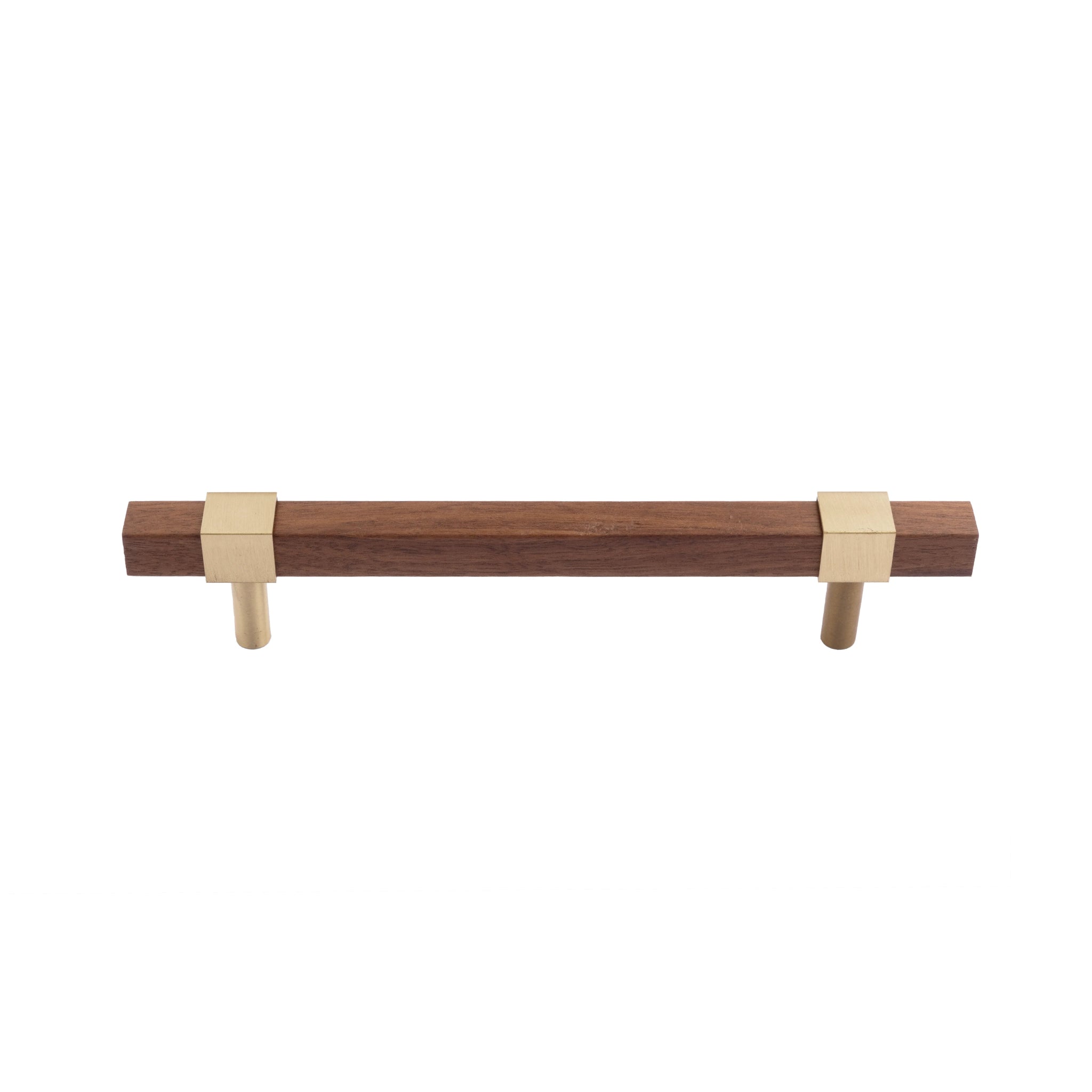 Ebonex Handle W-0009 in brushed brass & walnut, sizes 70–391mm, suits doors, cabinets & wardrobes—by Mantara.