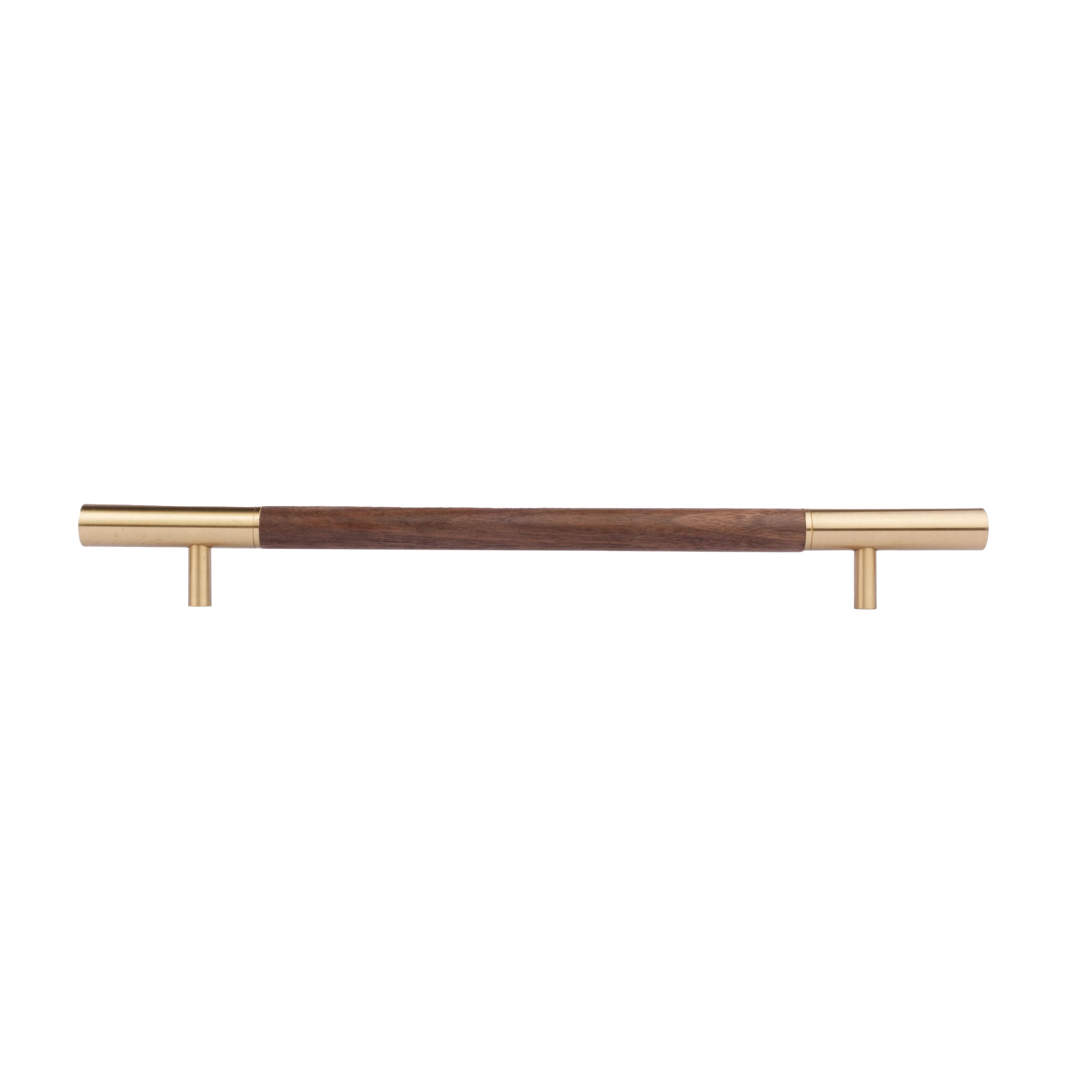 Elm Handle W-0004-H in brown natural wood with brushed brass finish, available in 305mm, 315mm & 610mm sizes, ideal for wardrobes and modern furniture by Mantara.