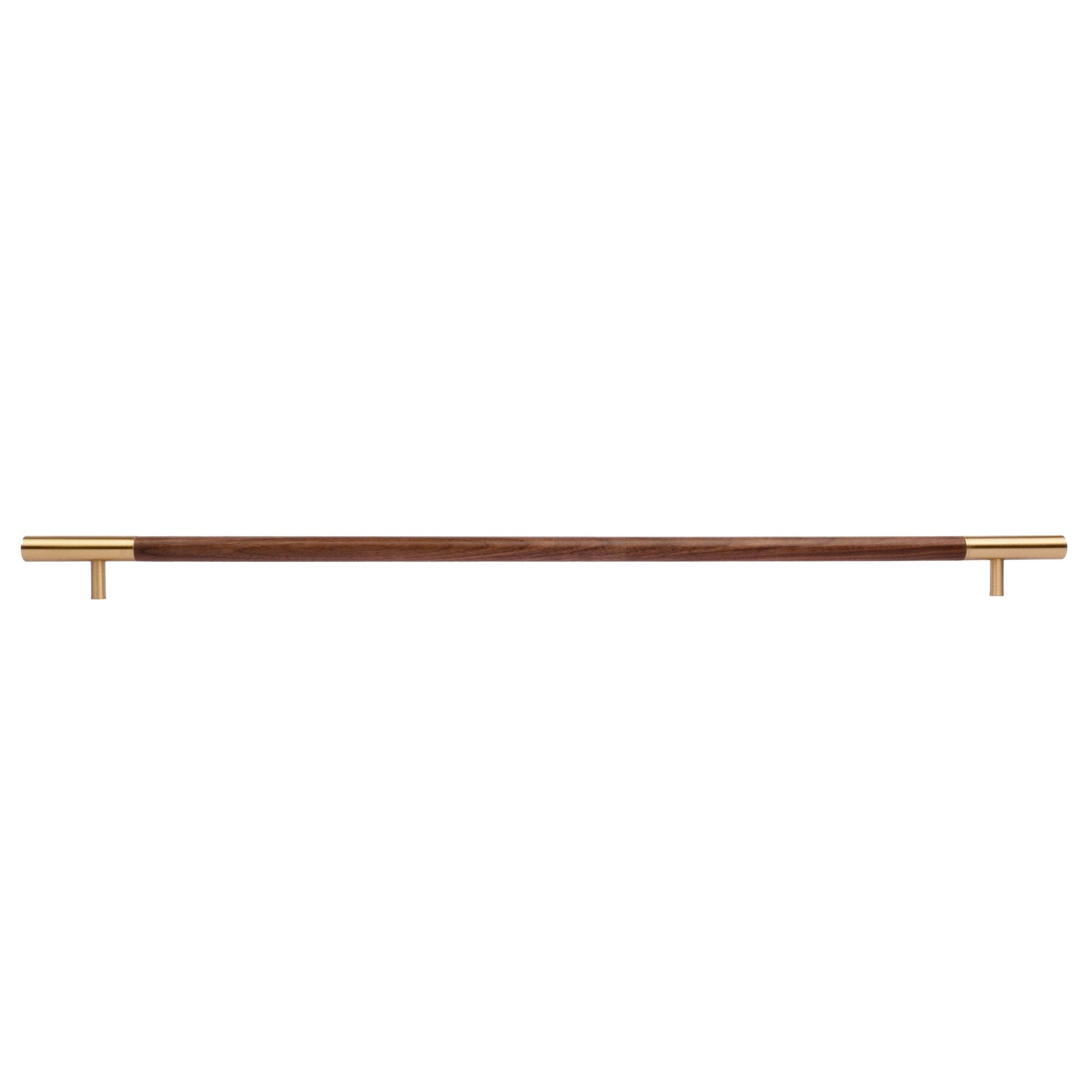 Elm Handle W-0004-H in brown natural wood with brushed brass finish, available in 305mm, 315mm & 610mm sizes, ideal for wardrobes and modern furniture by Mantara.