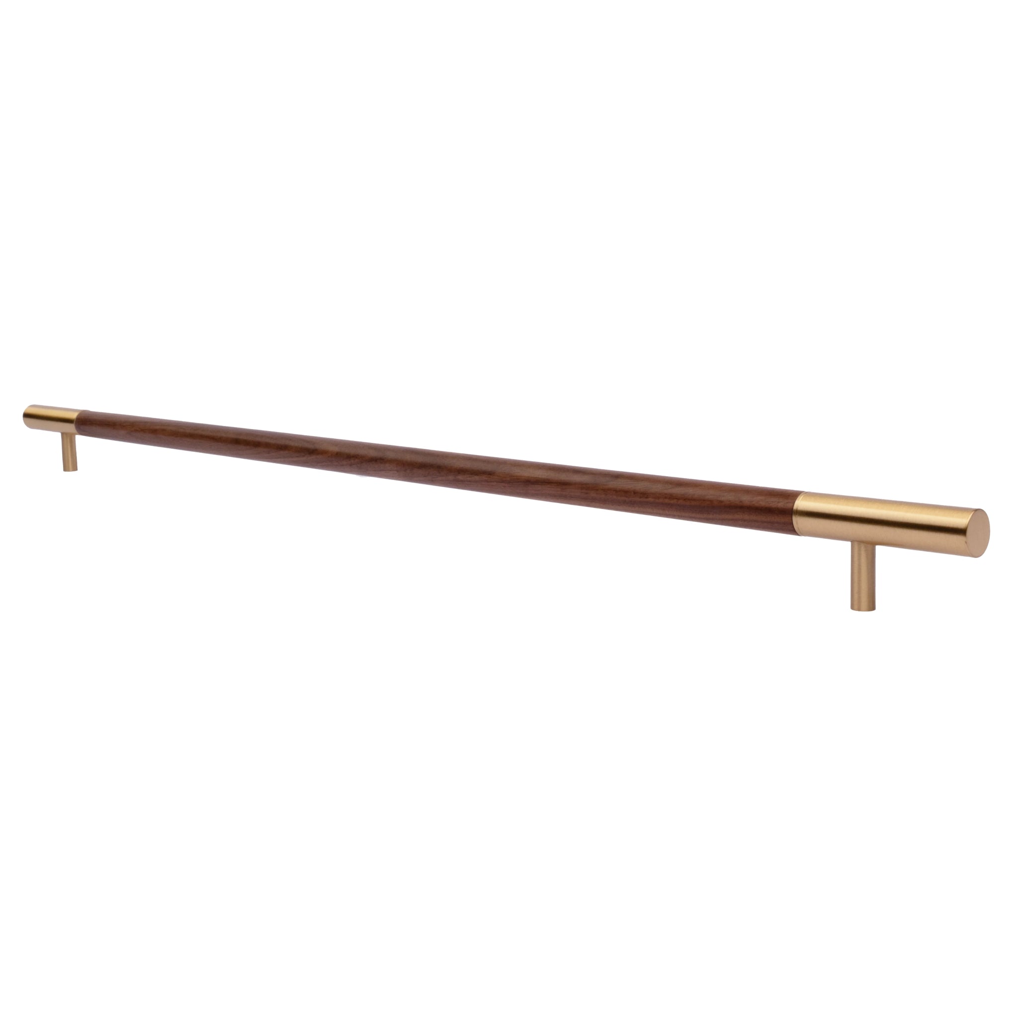 Elm Handle W-0004-H in brown natural wood with brushed brass finish, available in 305mm, 315mm & 610mm sizes, ideal for wardrobes and modern furniture by Mantara.