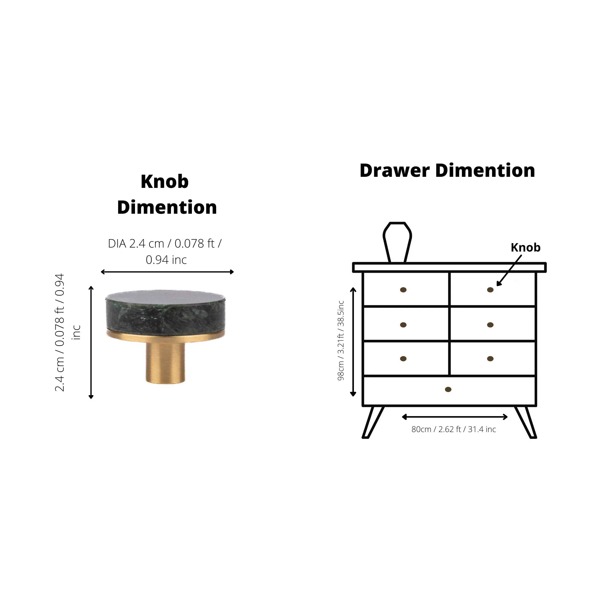 Elysian Knob M-0016 in green marble and brass, 32mm, polished face with brushed stem, for kitchen and dresser drawers.