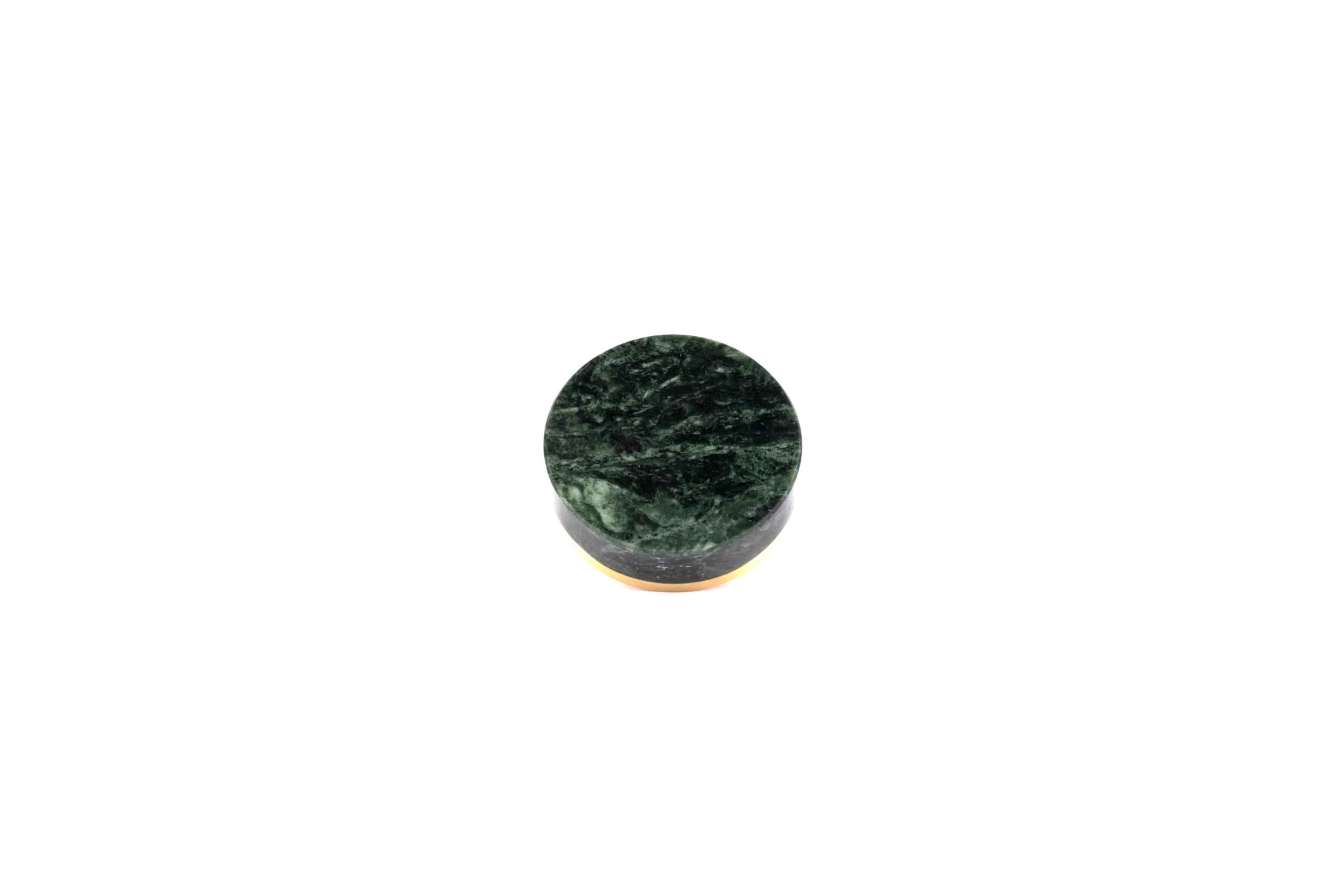 Elysian Knob M-0016 in green marble and brass, 32mm, polished face with brushed stem, for kitchen and dresser drawers.