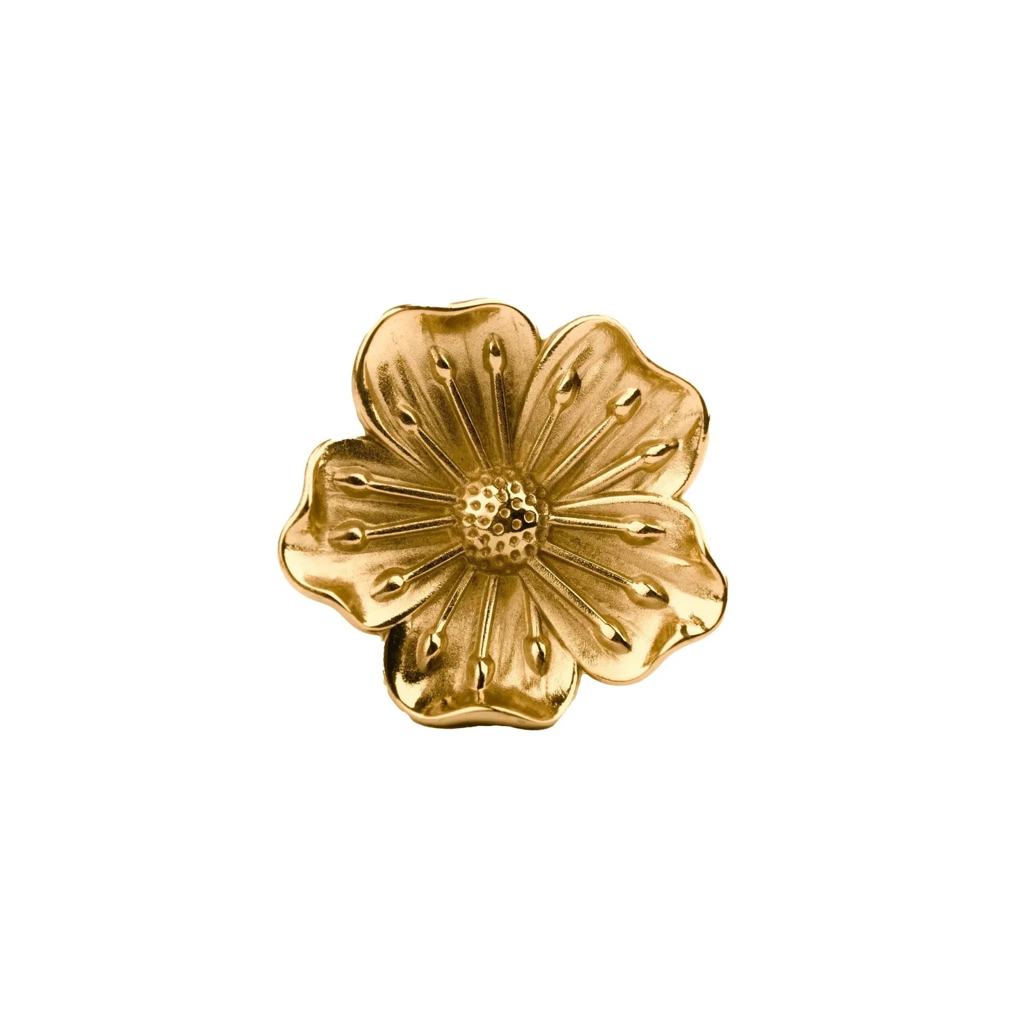 The Mantara B-0018 Flora Knob is a modern polished brass knob in gold, perfect for furniture, drawers, cabinets, and kitchens.