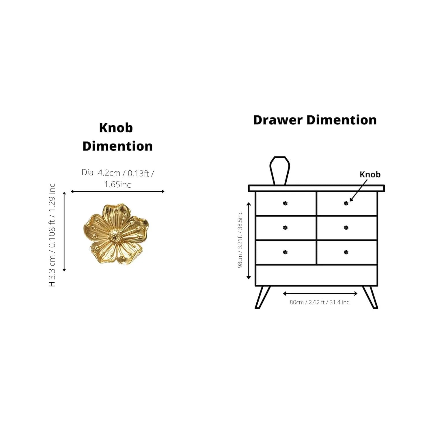 MANTARA Flora Knob B-0018, Dia42mm H33mm gold brass knob for drawers, cabinets, kitchens & furniture
