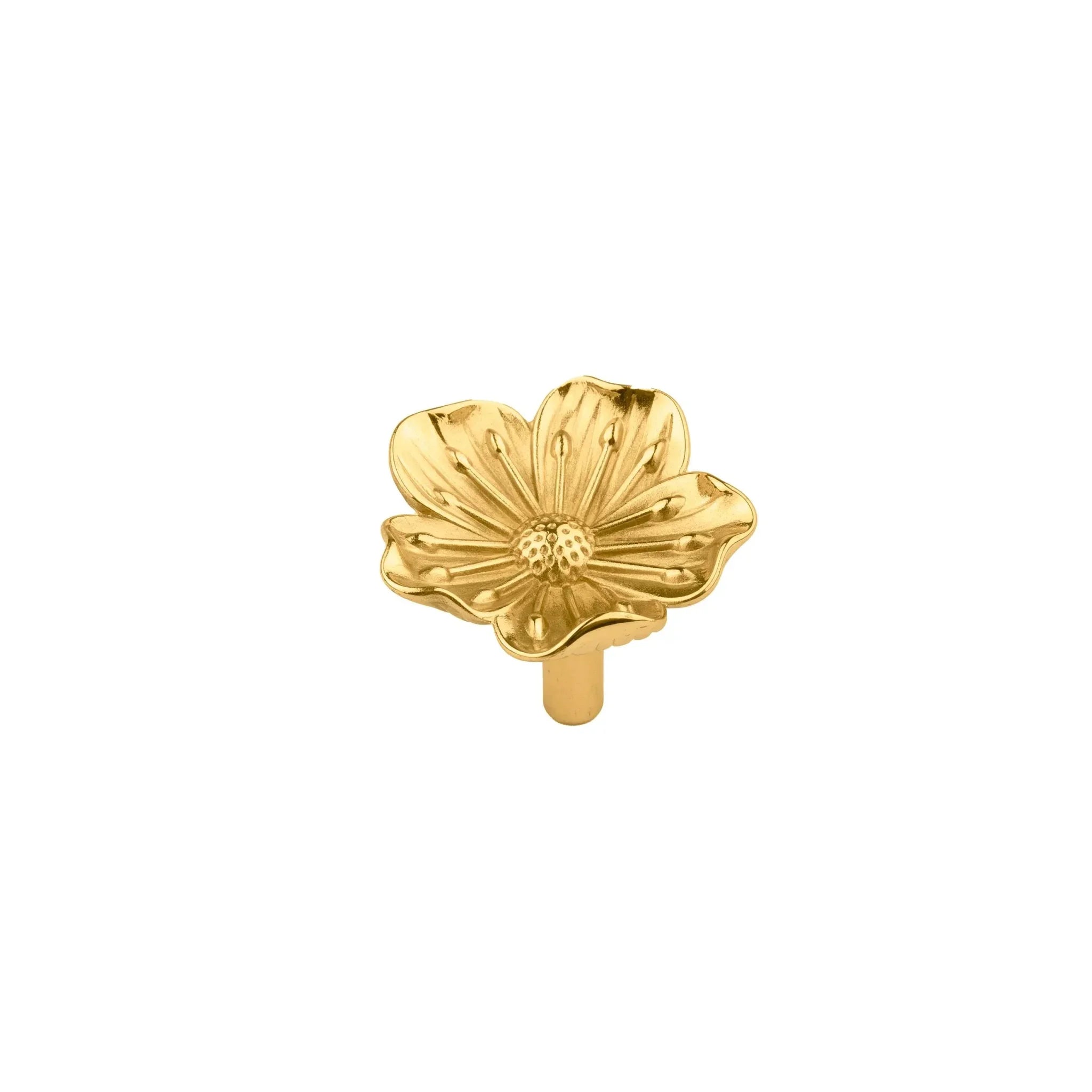 The Mantara B-0018 Flora Knob is a modern polished brass knob in gold, perfect for furniture, drawers, cabinets, and kitchens.