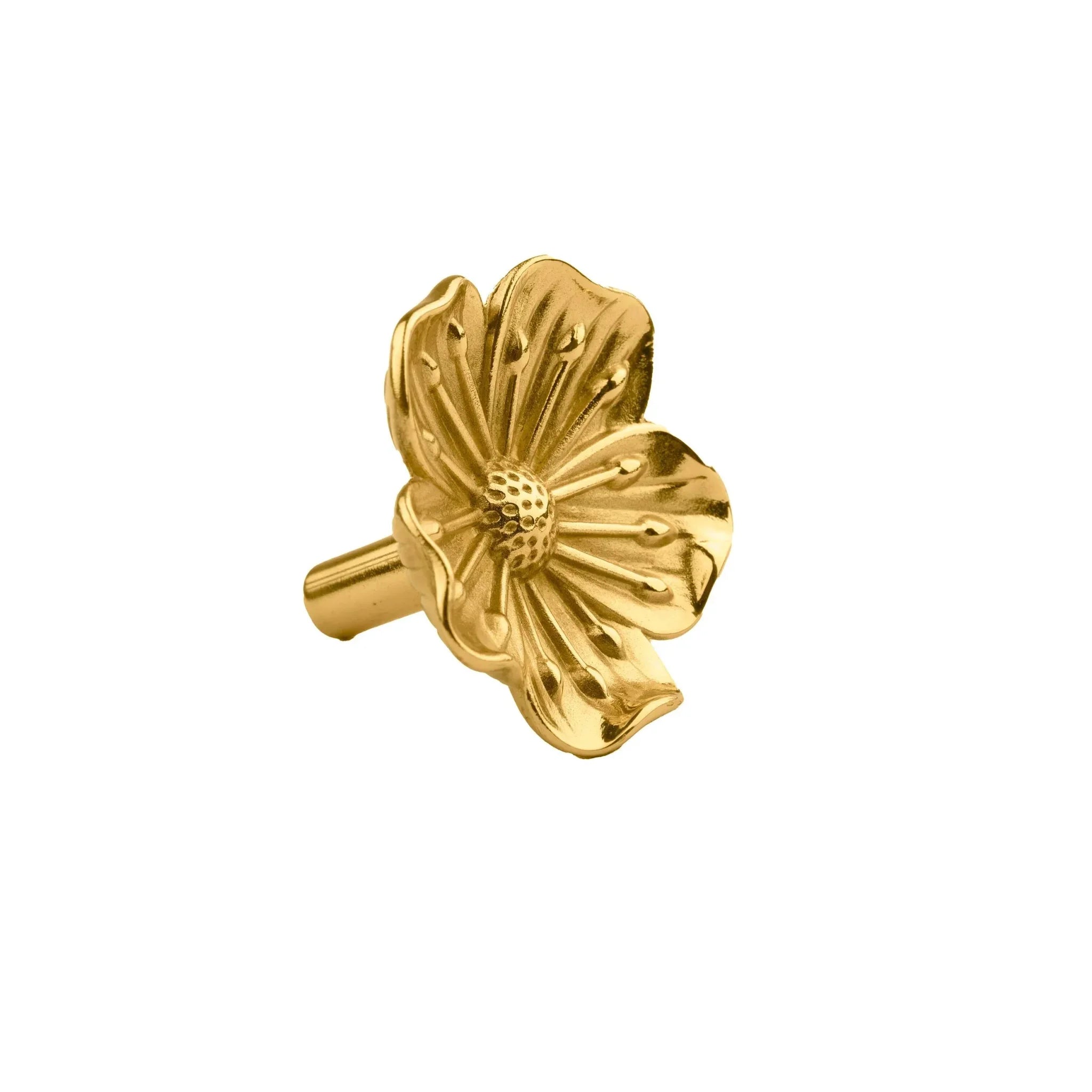 The Mantara B-0018 Flora Knob is a modern polished brass knob in gold, perfect for furniture, drawers, cabinets, and kitchens.