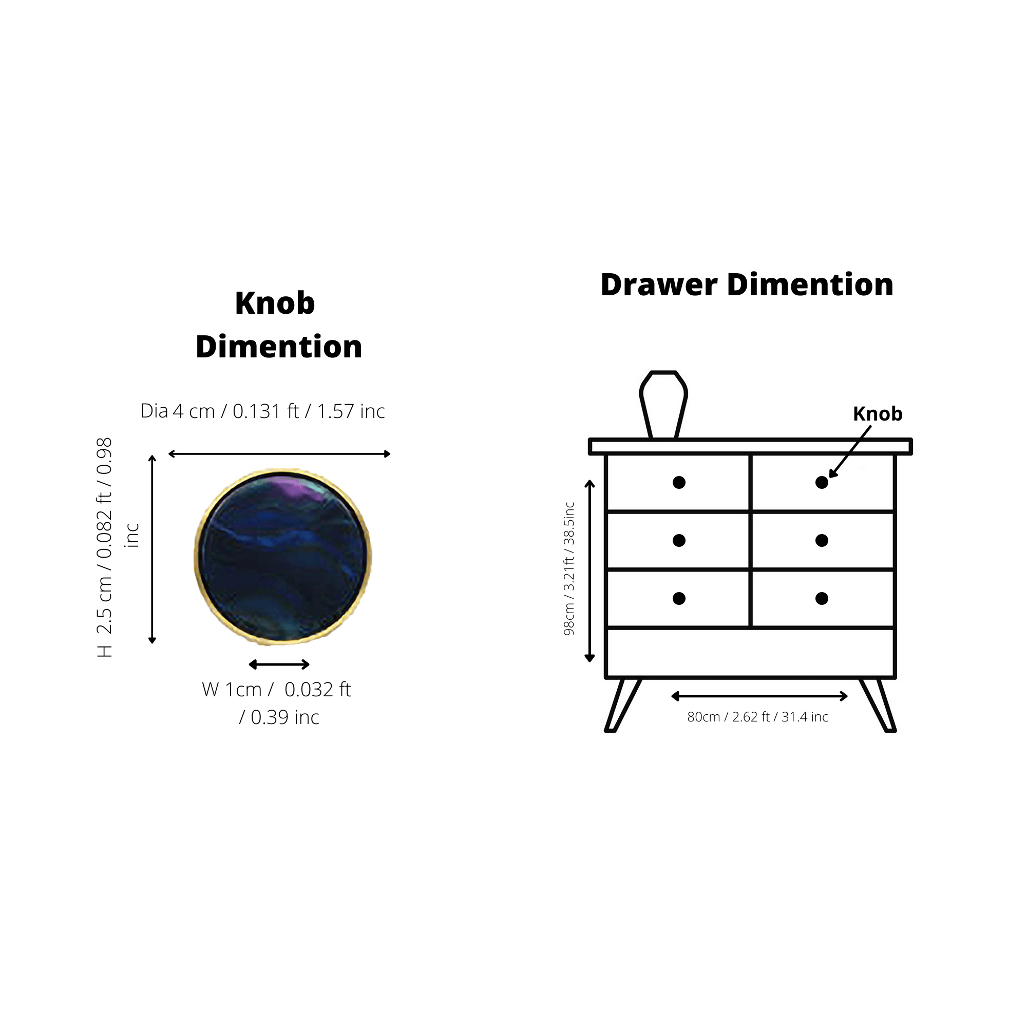 Galaxy knob made of acrylic and brushed brass in Shell Blue, Yellow Snow, Magic Shell, Dark Green, Cloud Mist and Water Mist, model A-0005 by Mantara, A-0005.