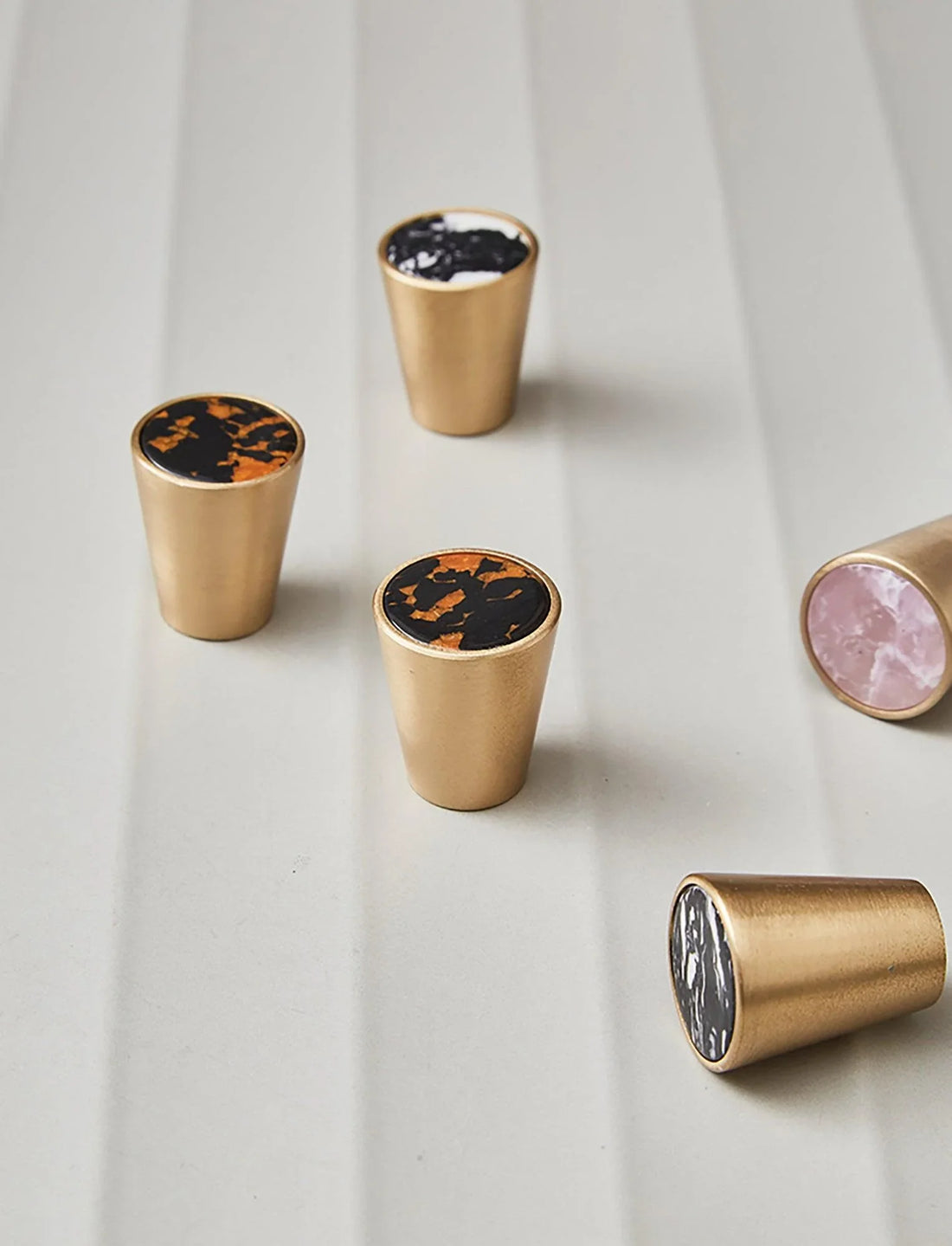 Brass & acrylic cone knob in orange, black and pink, Mantara A-0004 cabinet hardware, cabinet knobs and cabinet pulls.