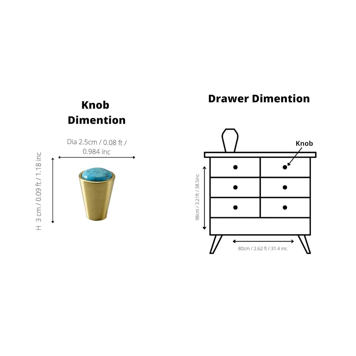 Illustration of a knob and drawer dimensions with measurements on a white background