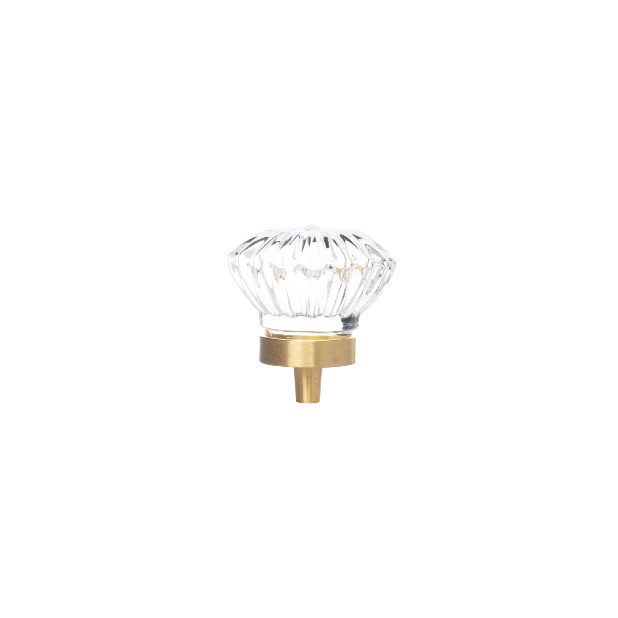 The Mantara C-0010 is a modern crystal knob in white/brass, ideal for kitchens, drawers, and cabinets.