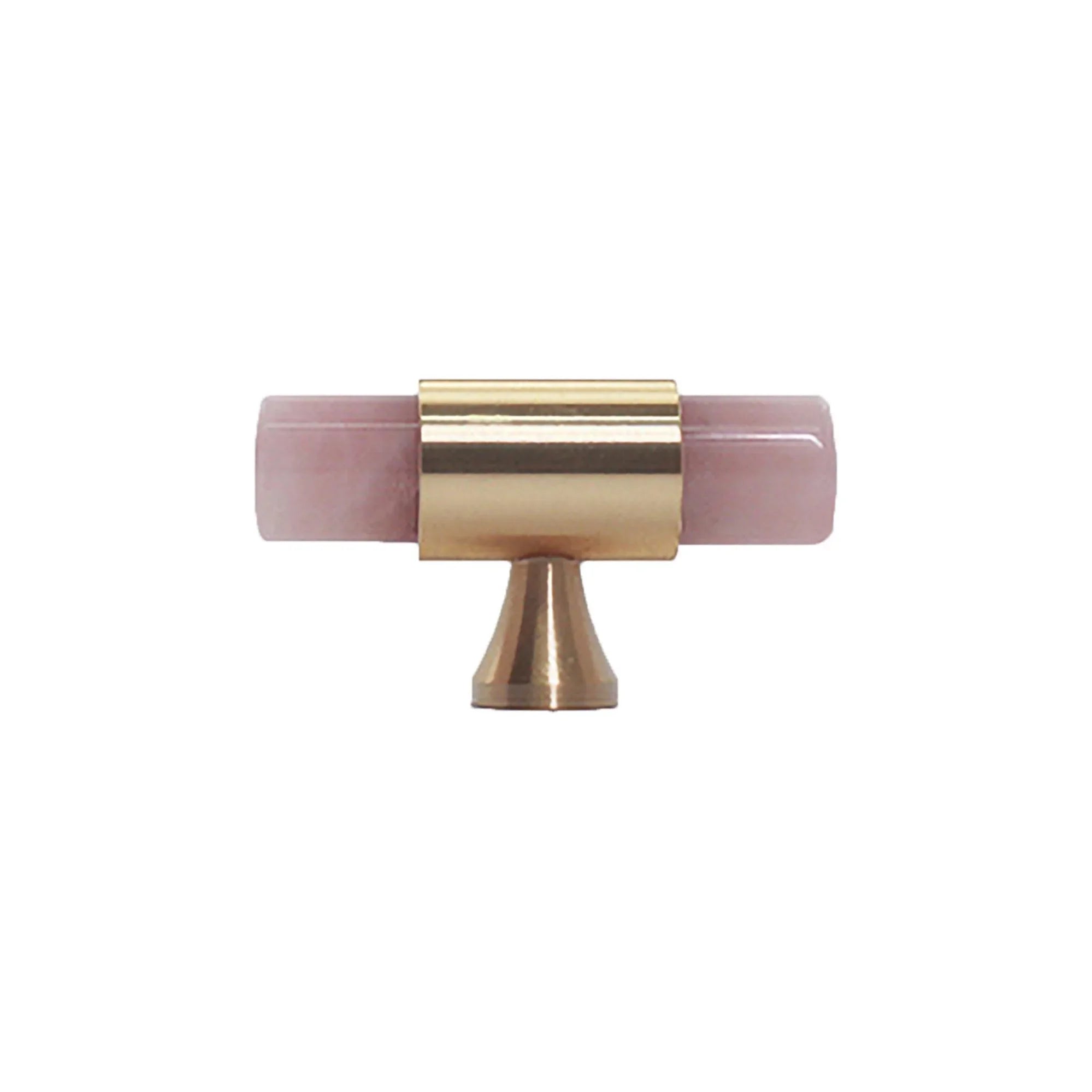 The Mantara C-0014-T Haze Handle is a modern crystal and brass T-handle in pink, ideal for wardrobes and drawers.