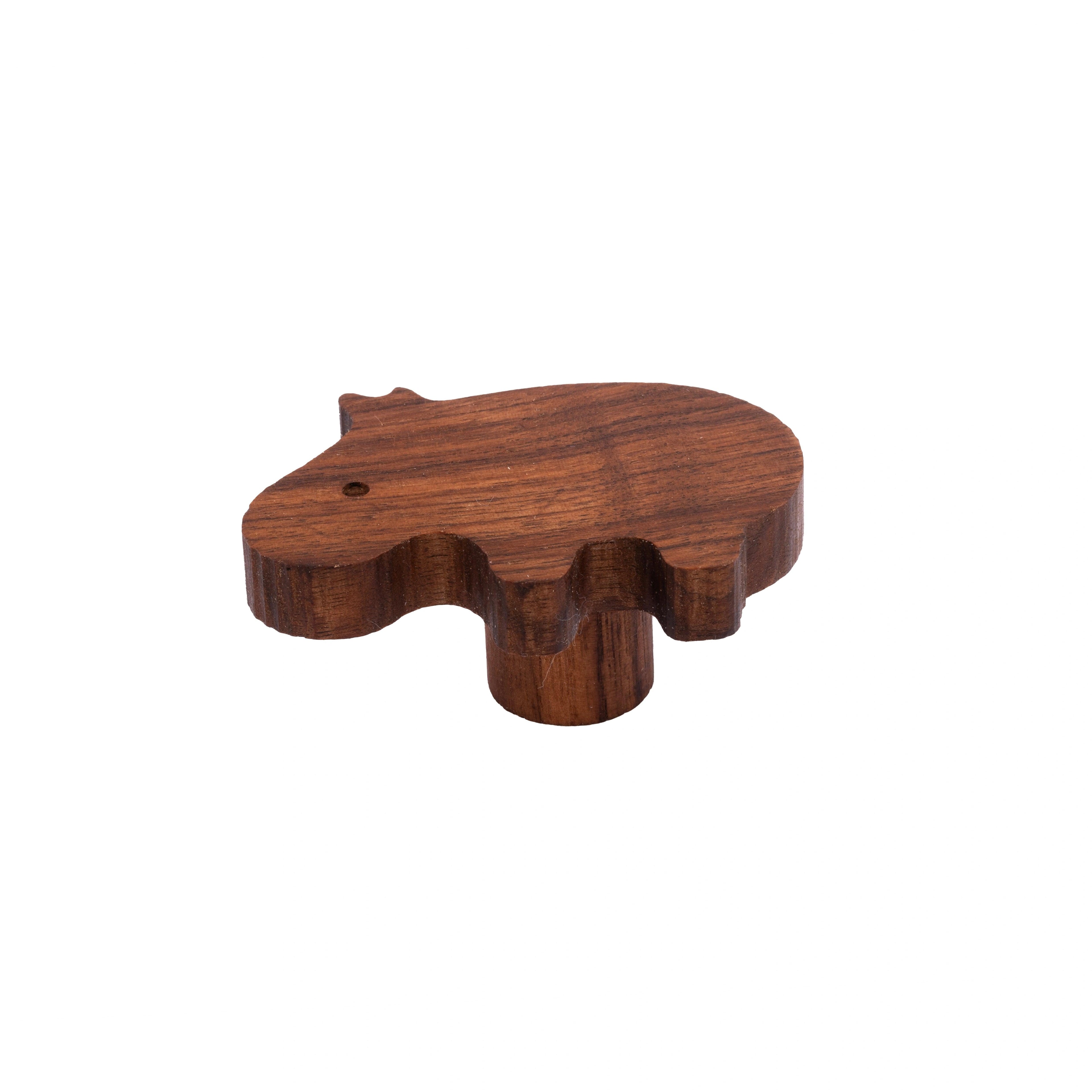 Mantara Hippo Wooden Knob/Hook W-0024 is a modern wood knob and wall hook in brushed walnut finish, ideal for kids’ rooms, cabinets, and wardrobes.