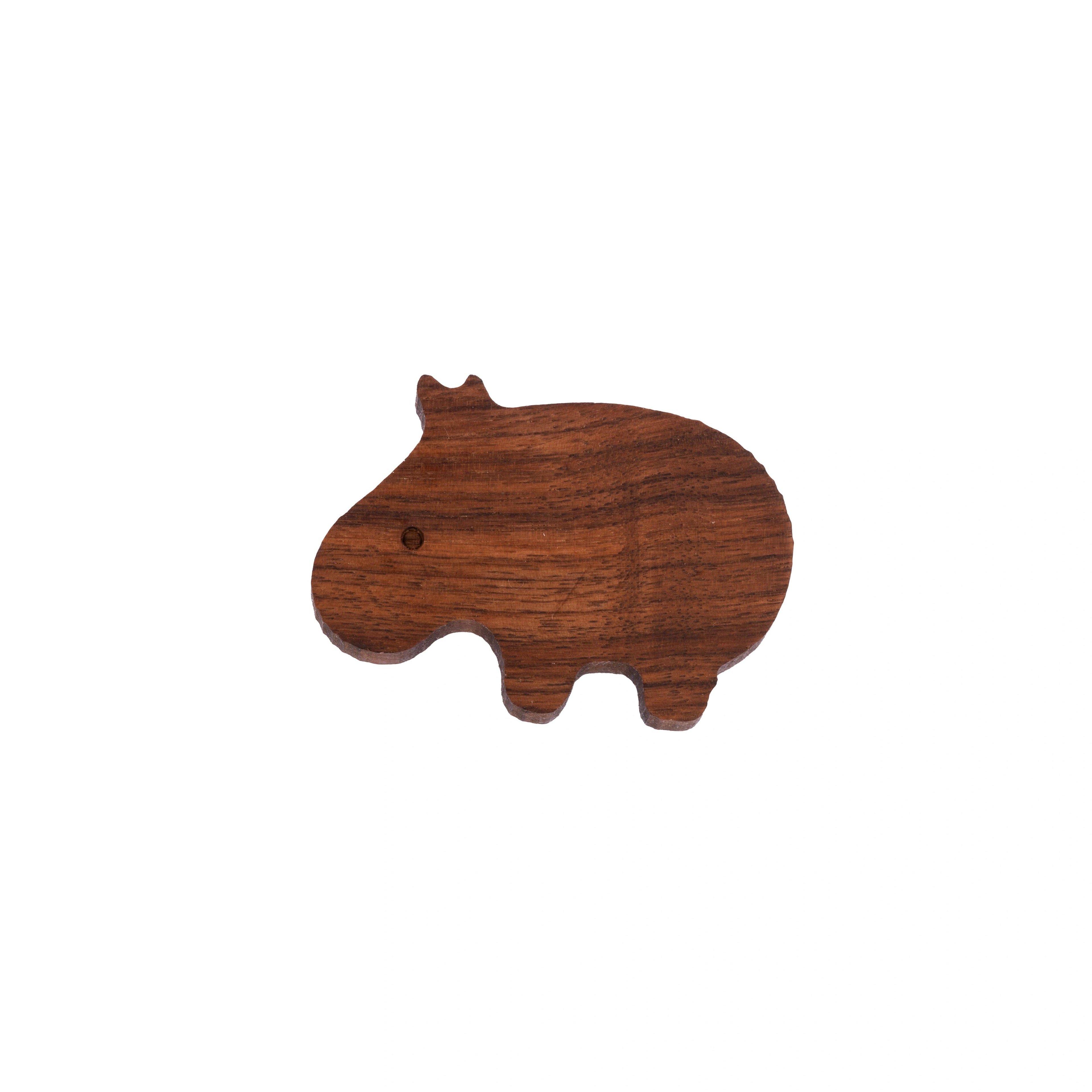 Mantara Hippo Wooden Knob/Hook W-0024 is a modern wood knob and wall hook in brushed walnut finish, ideal for kids’ rooms, cabinets, and wardrobes.