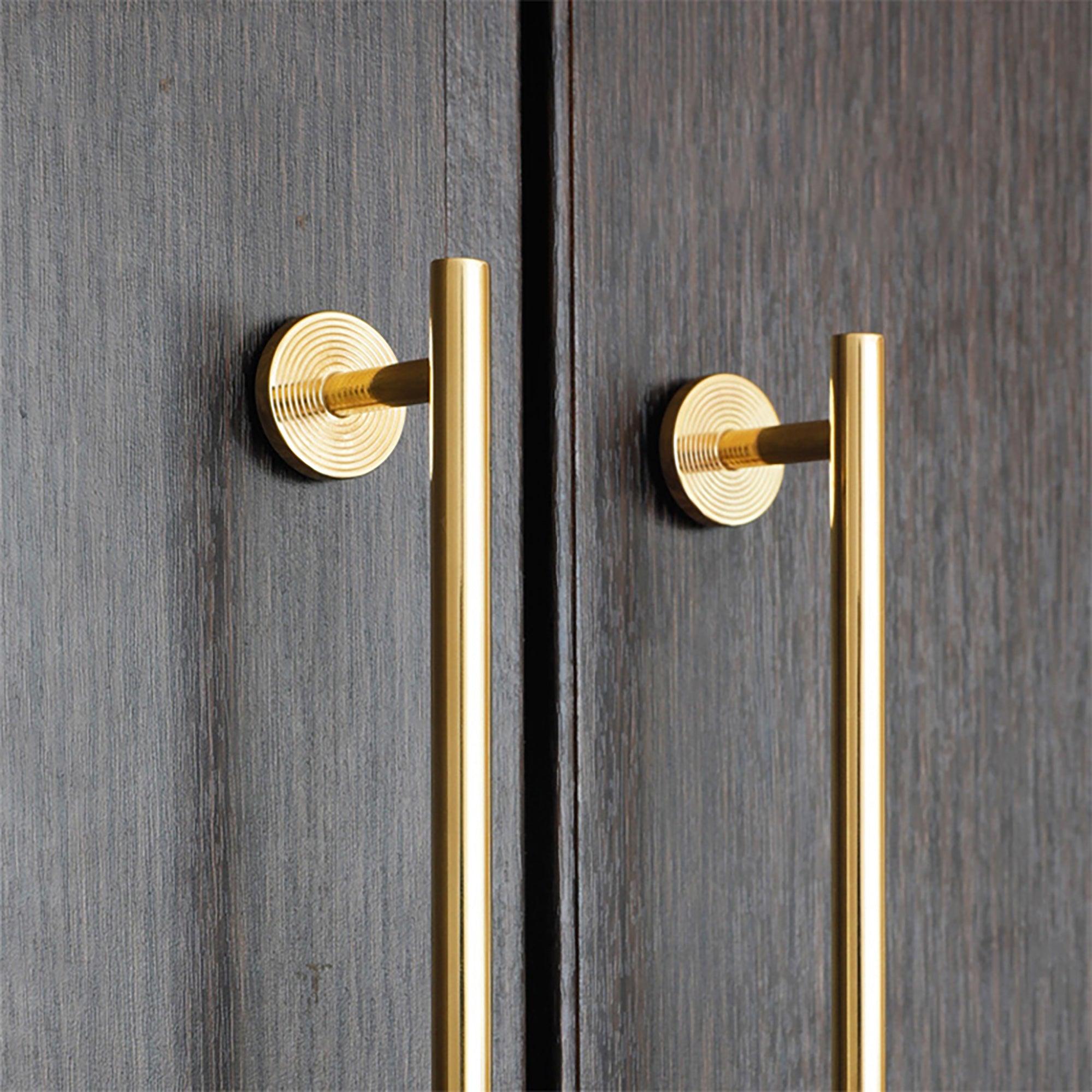 B‑0073 Holistic solid brass pull handle in brushed gold finish, available in 254 mm & 510 mm lengths, perfect for wardrobes, doors, cabinets, and bathrooms by Mantara.