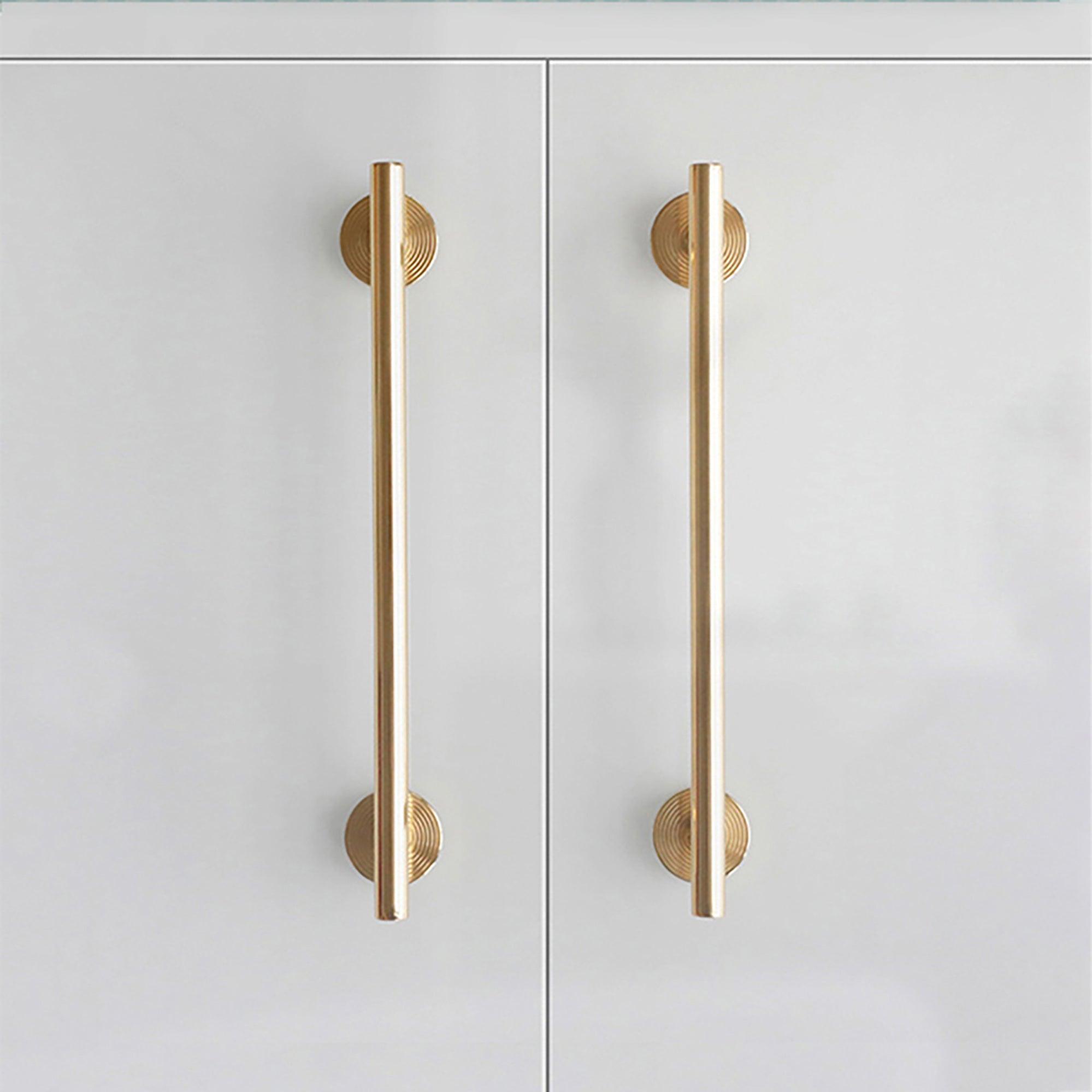 B‑0073 Holistic solid brass pull handle in brushed gold finish, available in 254 mm & 510 mm lengths, perfect for wardrobes, doors, cabinets, and bathrooms by Mantara.