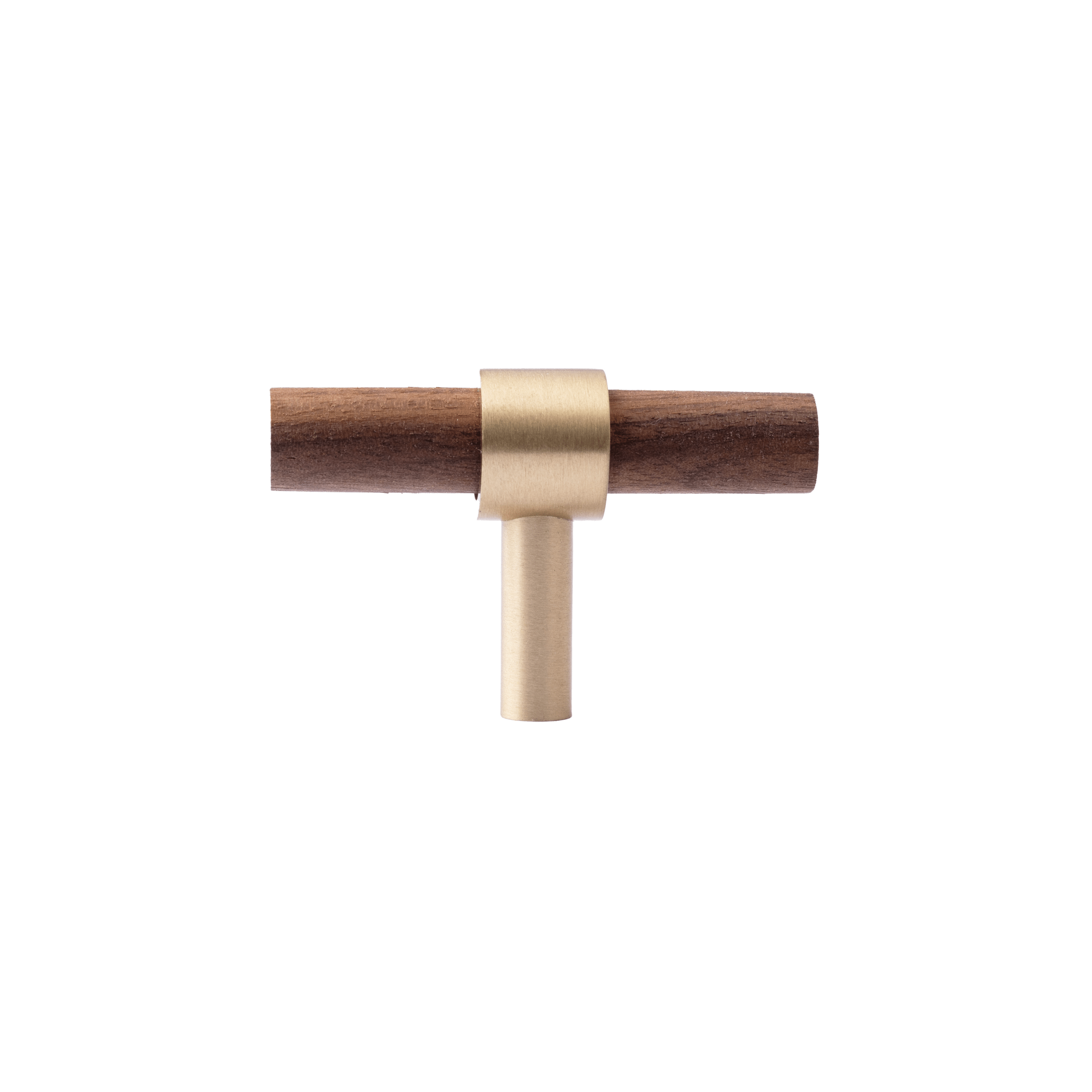 Holt Handle W-0010 in walnut & brushed brass, sizes 60–370mm, suits furniture, drawers & wardrobes—by Mantara.