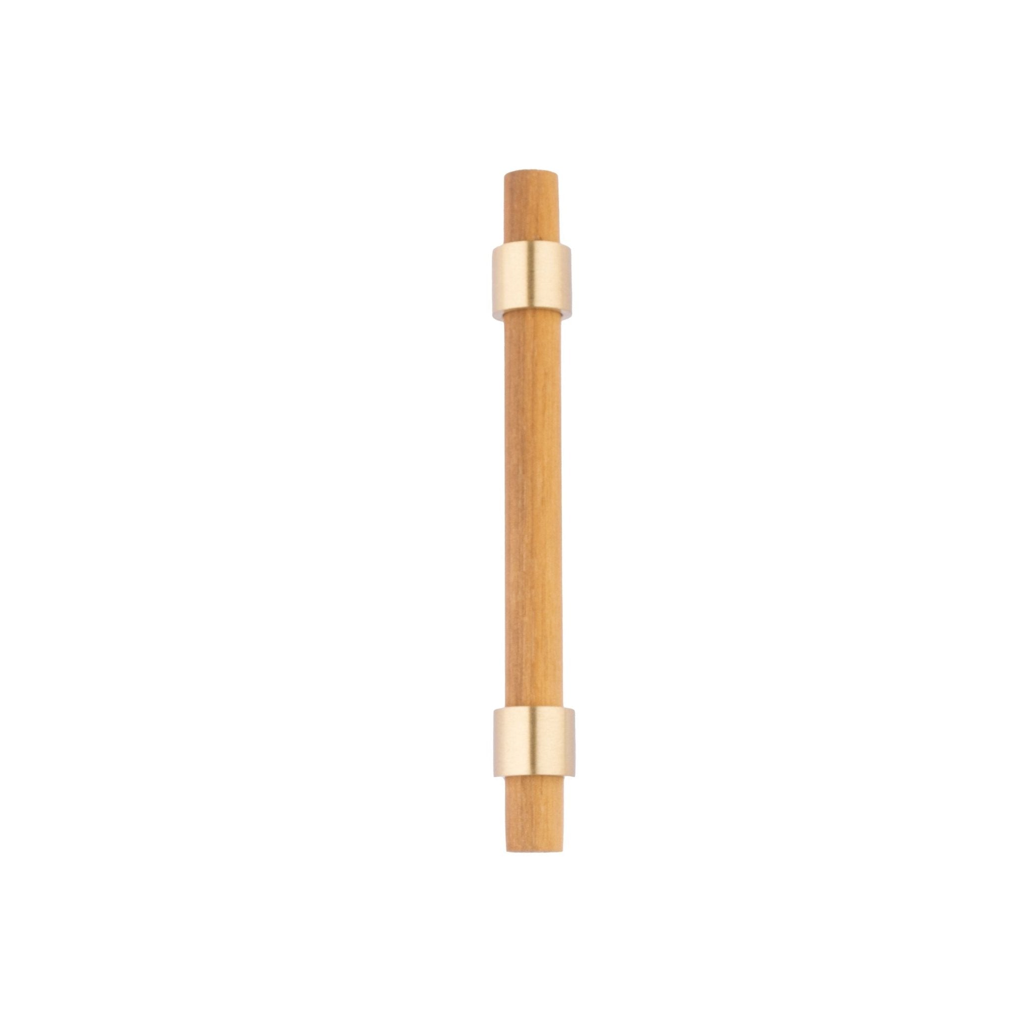 Holt Handle W-0010 in walnut & brushed brass, sizes 60–370mm, suits furniture, drawers & wardrobes—by Mantara.