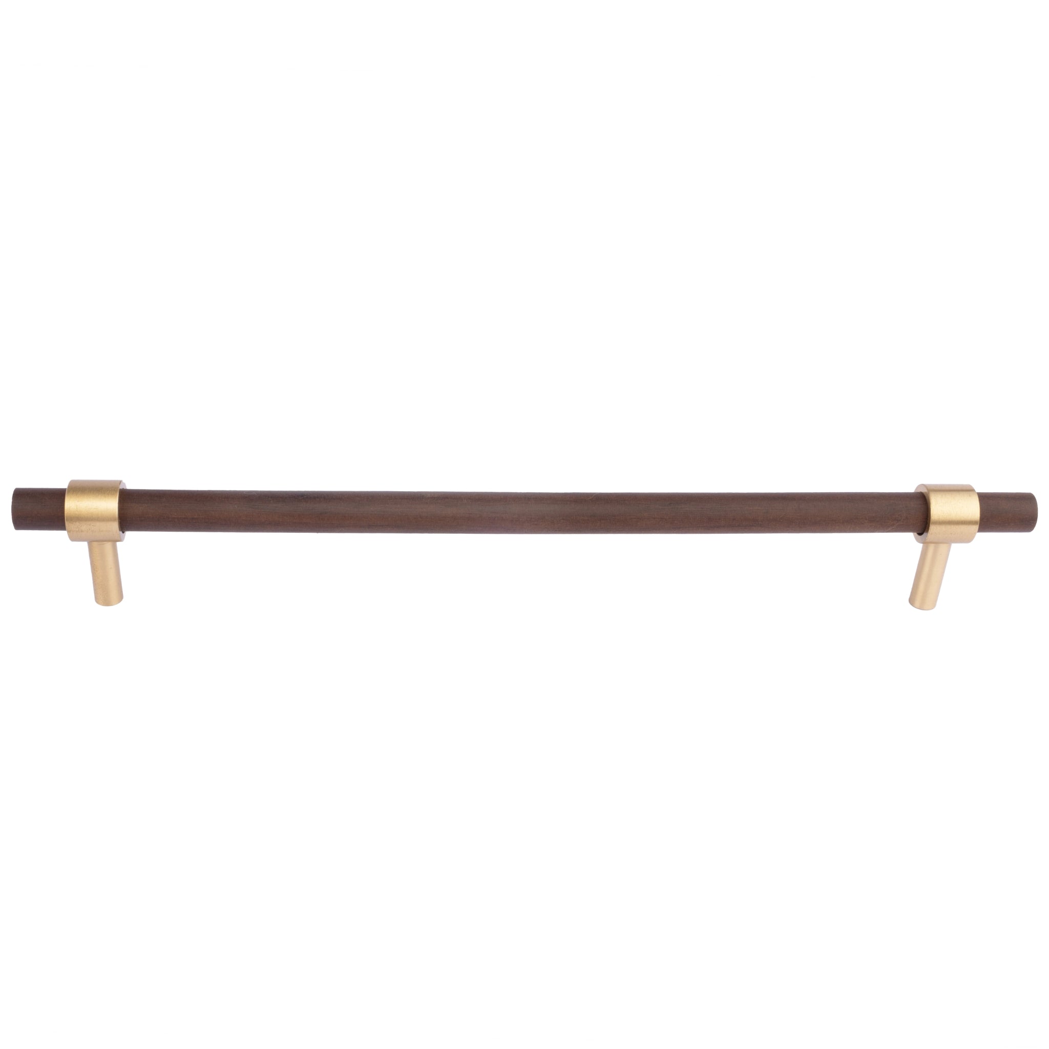 Holt Handle W-0010 in walnut & brushed brass, sizes 60–370mm, suits furniture, drawers & wardrobes—by Mantara.