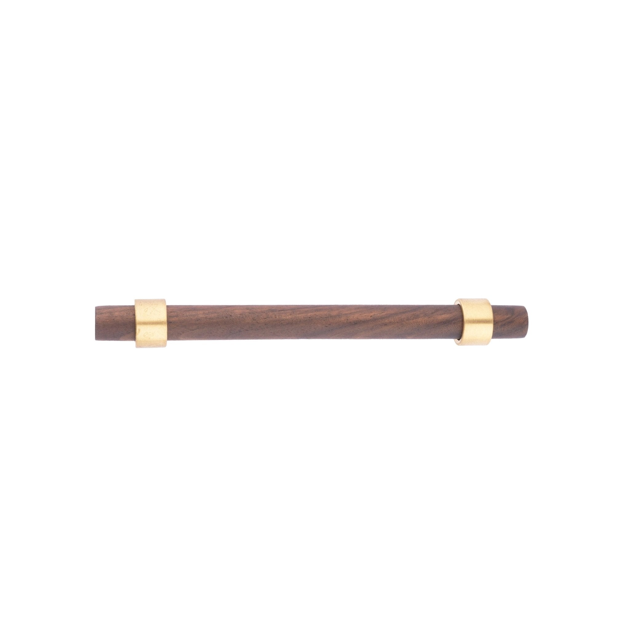 Holt Handle W-0010 in walnut & brushed brass, sizes 60–370mm, suits furniture, drawers & wardrobes—by Mantara.