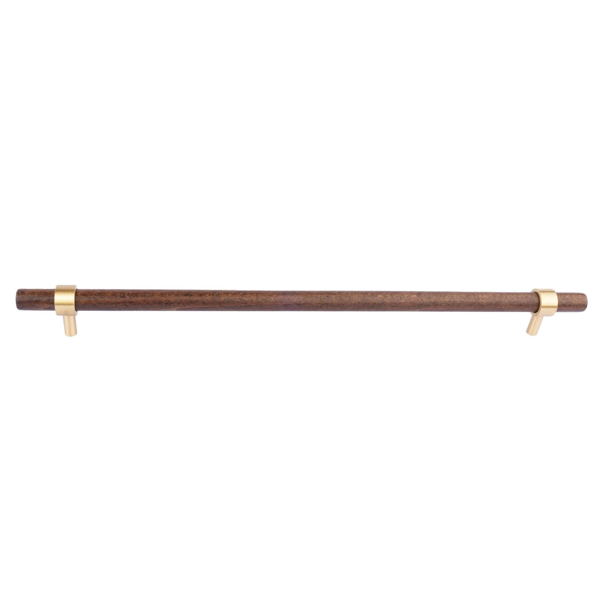 Holt Handle W-0010 in walnut & brushed brass, sizes 60–370mm, suits furniture, drawers & wardrobes—by Mantara.