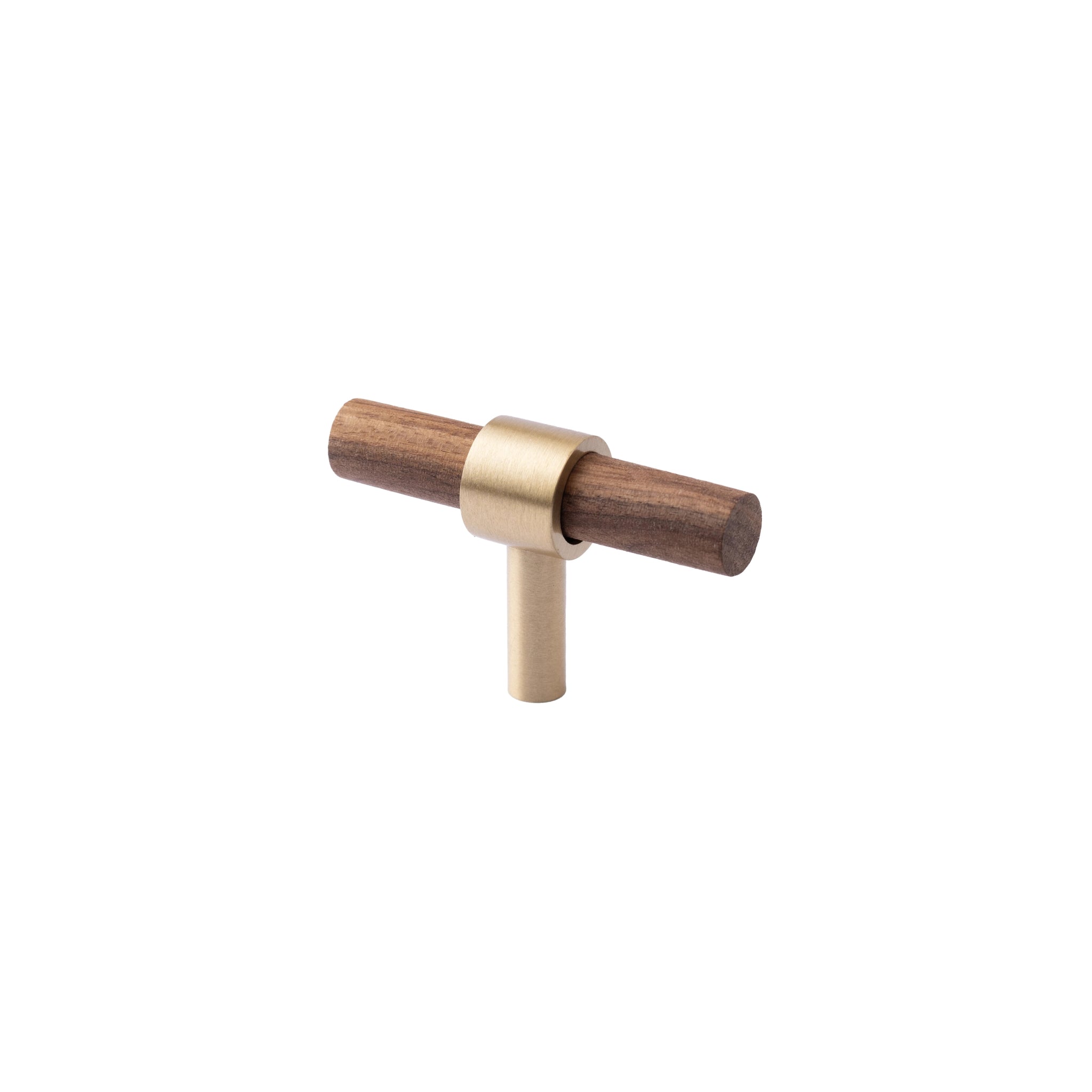 Holt Handle W-0010 in walnut & brushed brass, sizes 60–370mm, suits furniture, drawers & wardrobes—by Mantara.