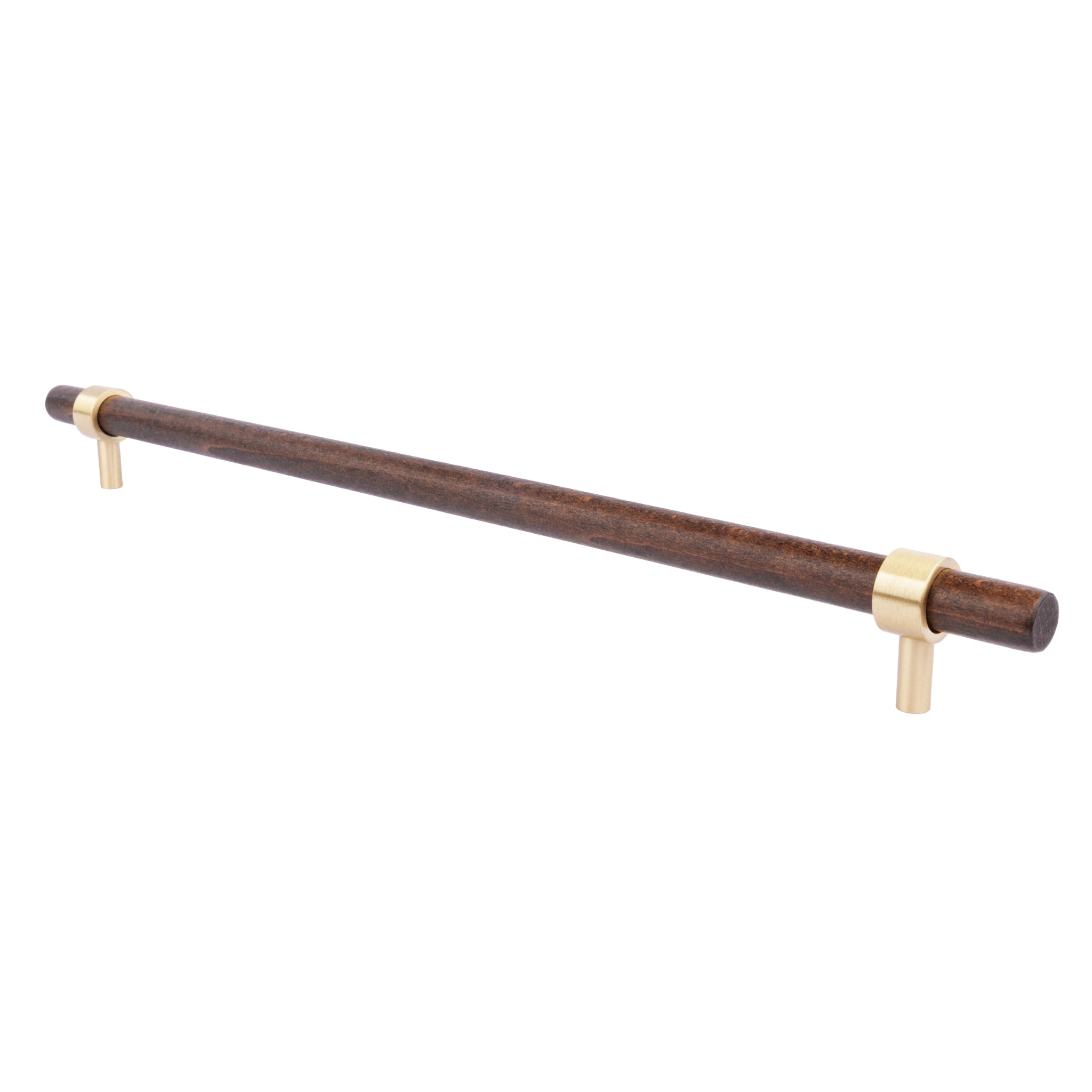 Holt Handle W-0010 in walnut & brushed brass, sizes 60–370mm, suits furniture, drawers & wardrobes—by Mantara.