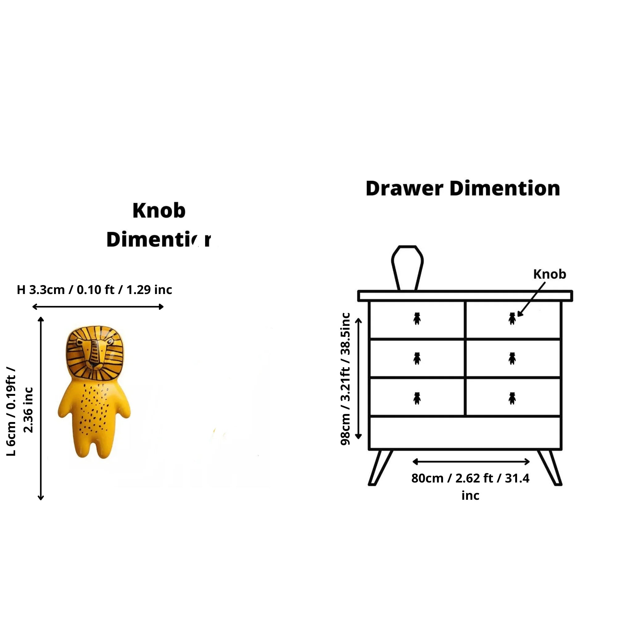 The Mantara CR-0001-Lion Knob is a modern yellow ceramic knob with a polished finish, ideal for wardrobes, cabinets, and kids&