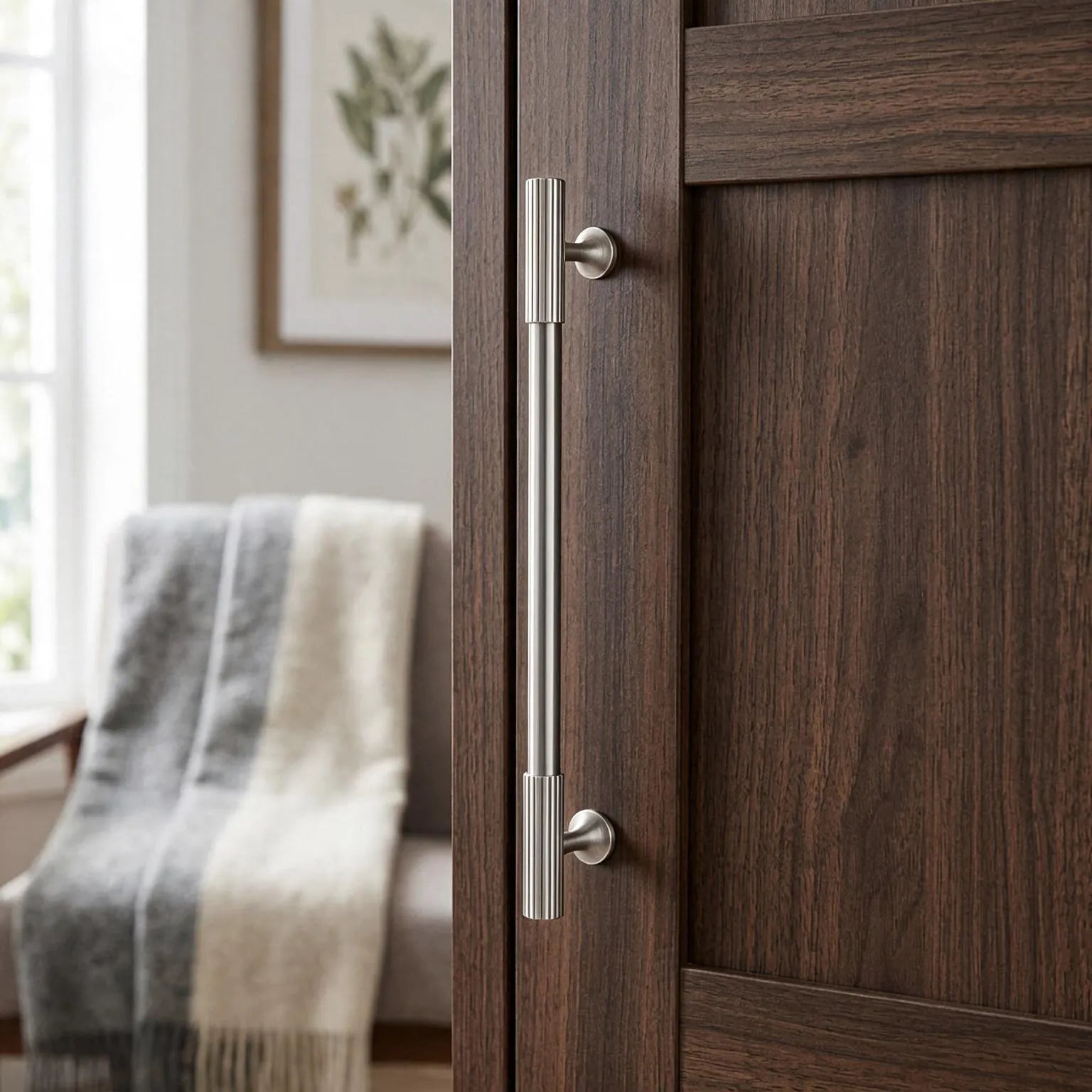 A long, brushed nickel door pull handle mounted on a dark brown wood door, with a softly blurred living room background showing a chair and throw blanket.