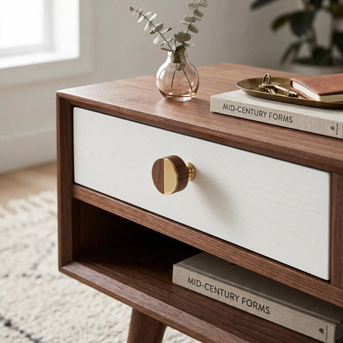 A mid-century modern wooden nightstand with a white drawer front, a round wood-and-brass knob, and open shelving, styled in a bright room with books and a small vase.