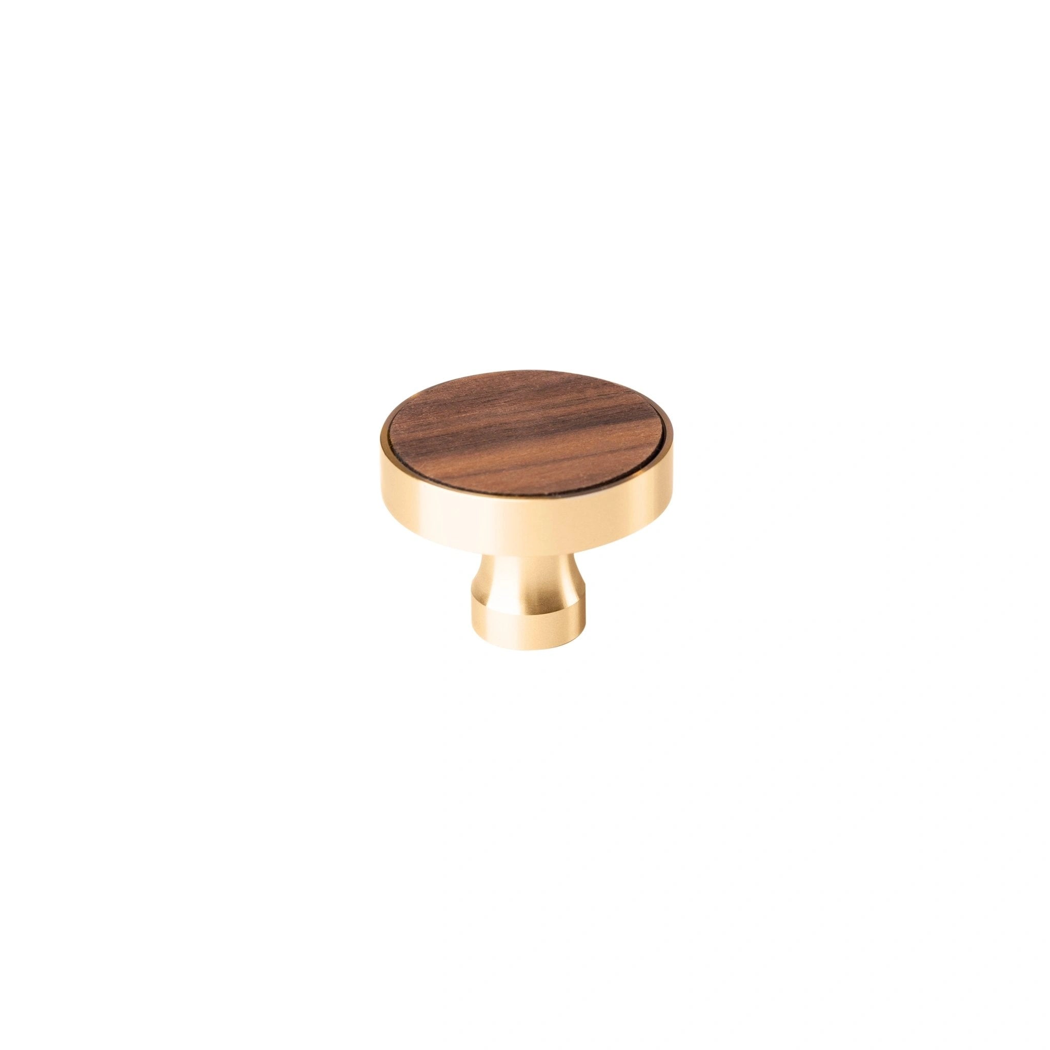 Mantara Mahogany Knob W-0003 is a natural wood knob in brown with brushed brass finish, ideal for furniture and drawers.