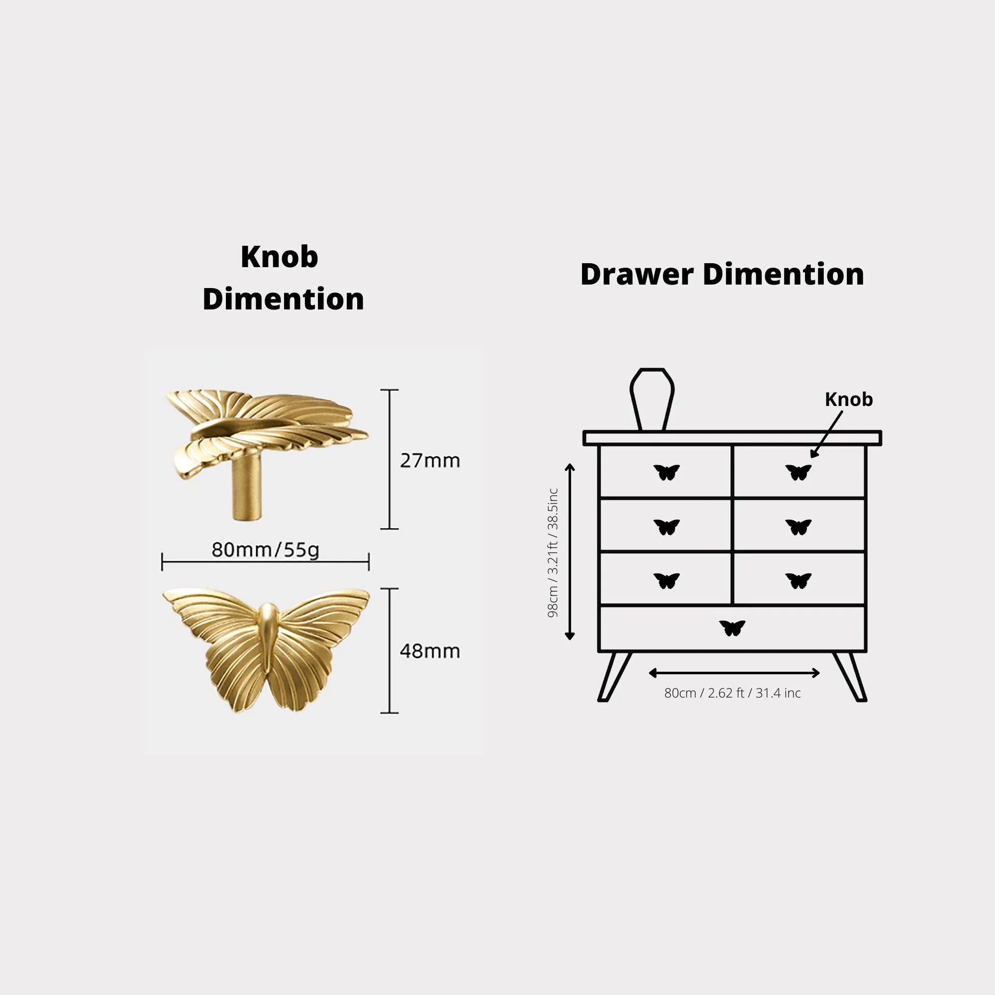 B‑0074 Mariposa solid brass knob in polished gold finish, measuring 80 mm length, ideal for doors, cabinets, drawers, wardrobes, bedrooms and bathrooms by Mantara.