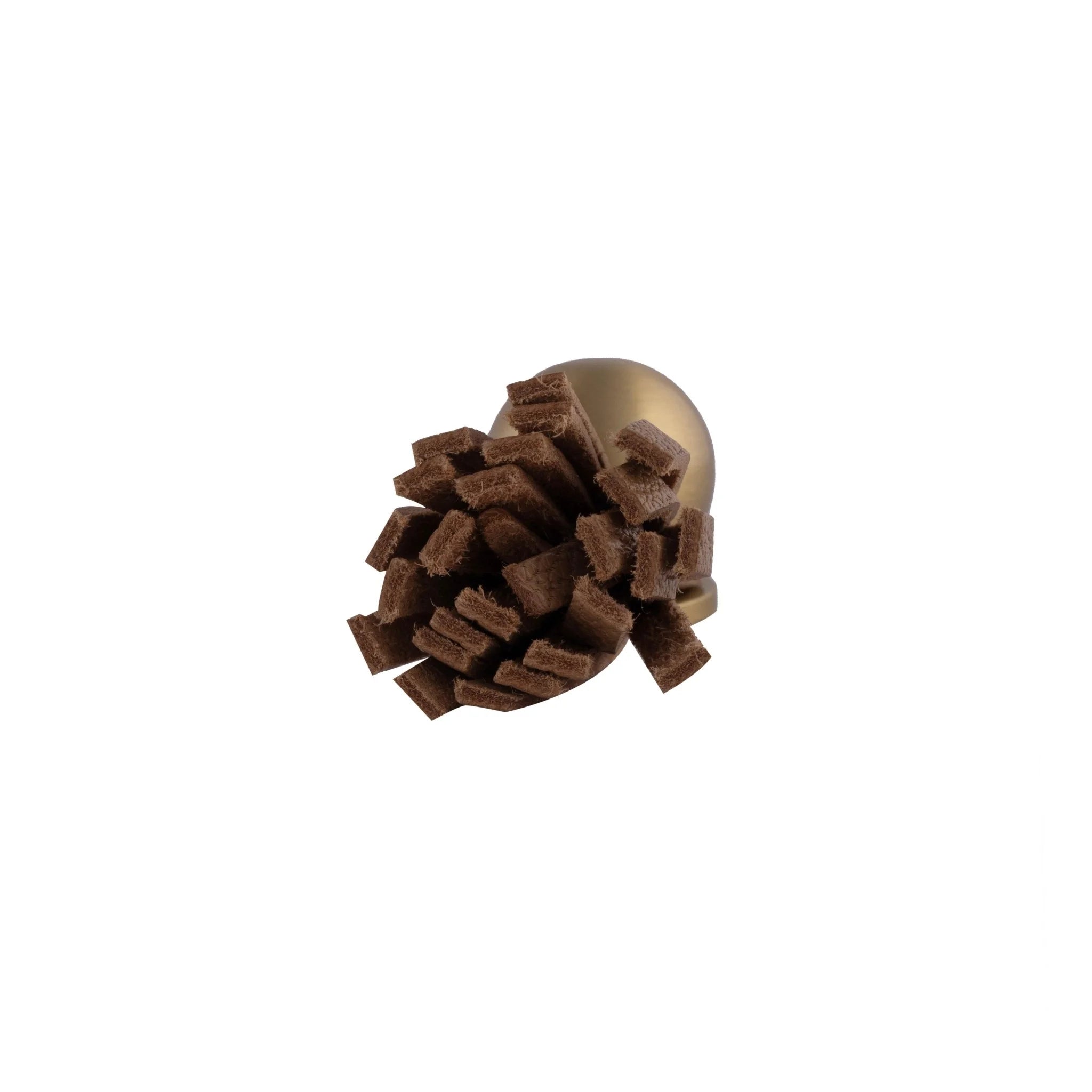 The Mantara L-0002 Maverick Drop Knob is a modern leather and brass knob in brown, ideal for kitchens and furniture.