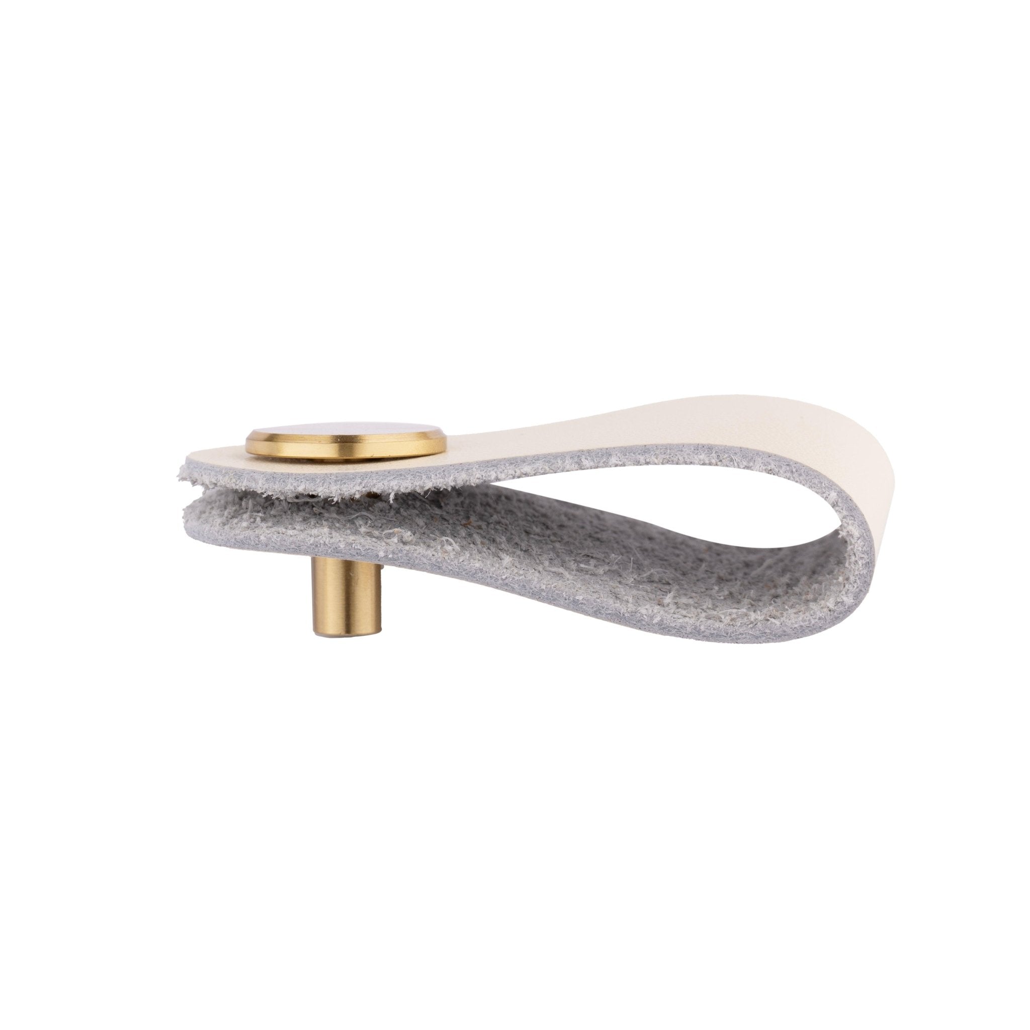 The Mantara L-0001 Maverick Pull Knob is a Nordic leather and brass knob in white, ideal for kitchens and furniture.